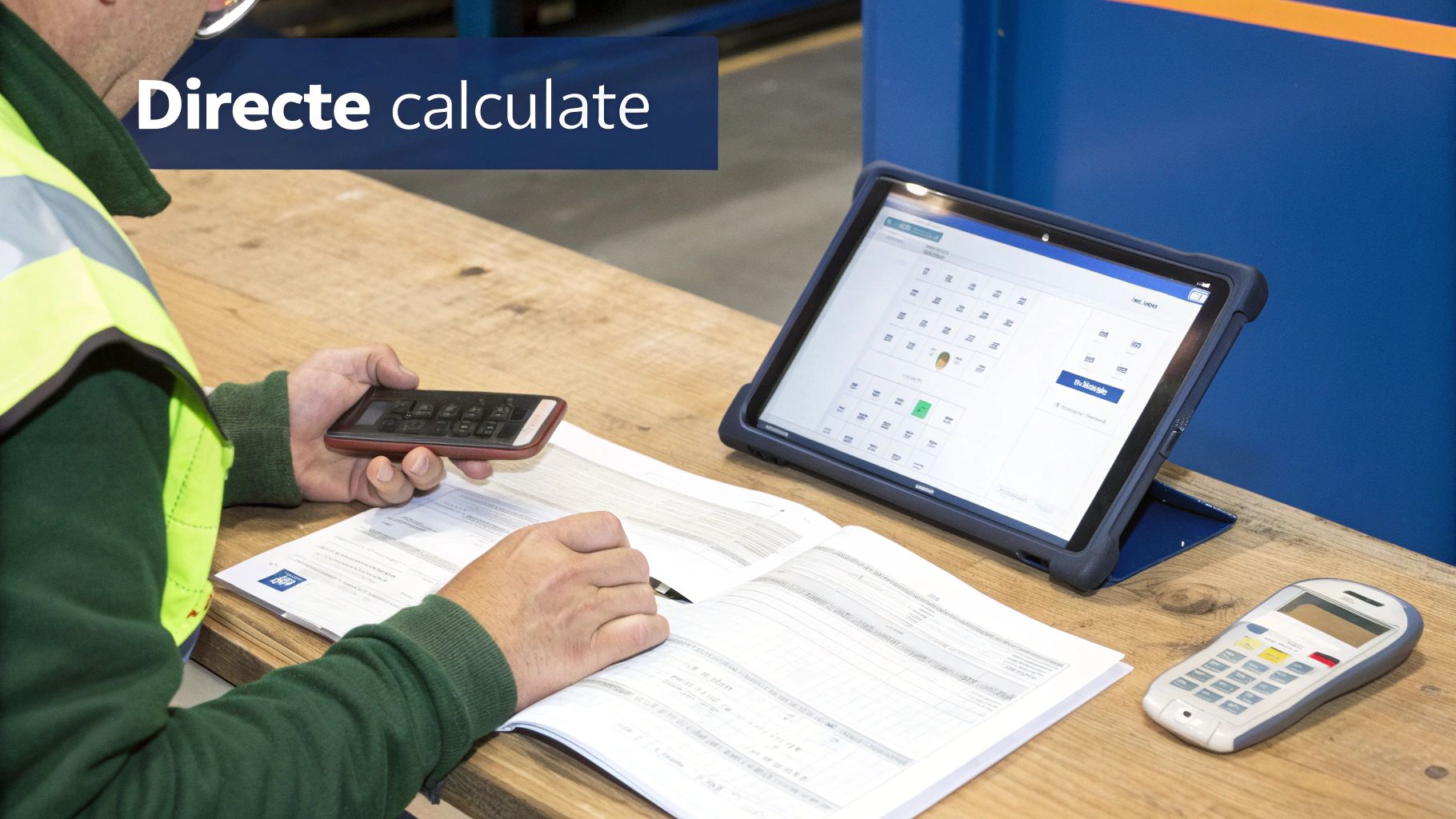 Een persoon in veiligheidsvest berekent gegevens met een telefoon, tablet en documenten op een houten tafel.