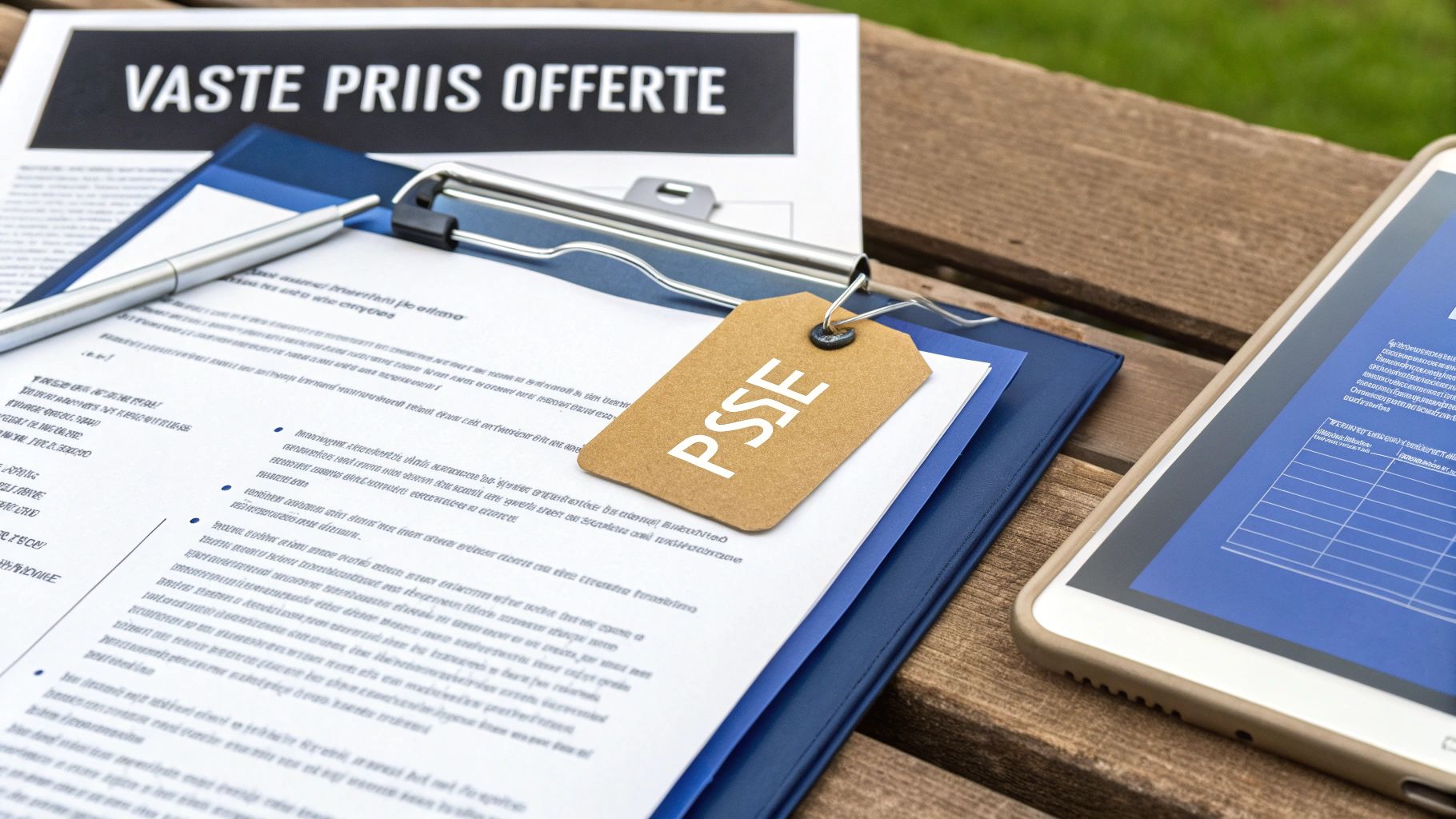 Document 'VASTE PRIJS OFFERTE' op klembord met pen, PSSE-label en tablet op houten tafel.
