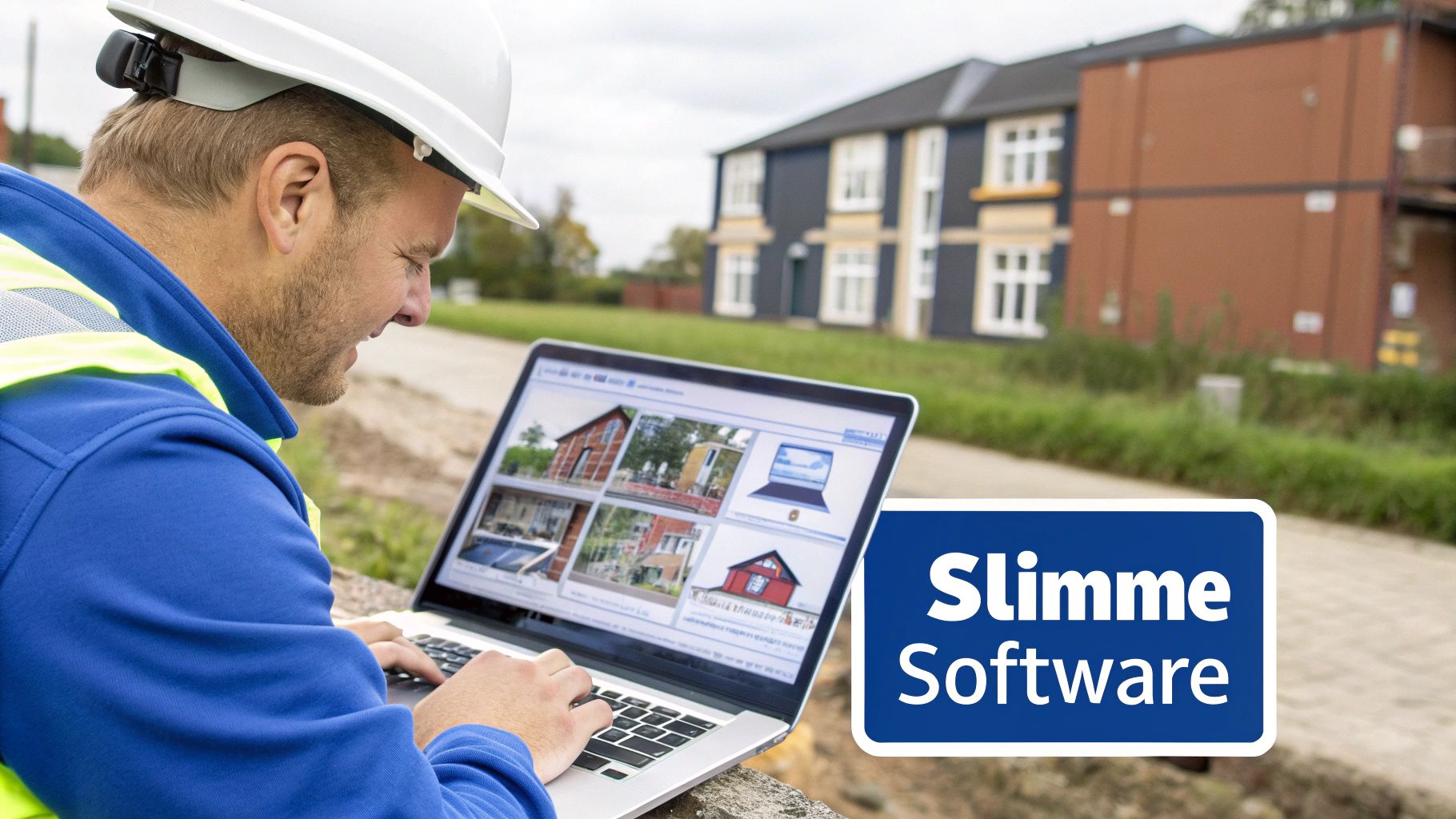Een man in veiligheidsvest en helm gebruikt een laptop bij een bouwplaats met een 'Slimme Software' bord.