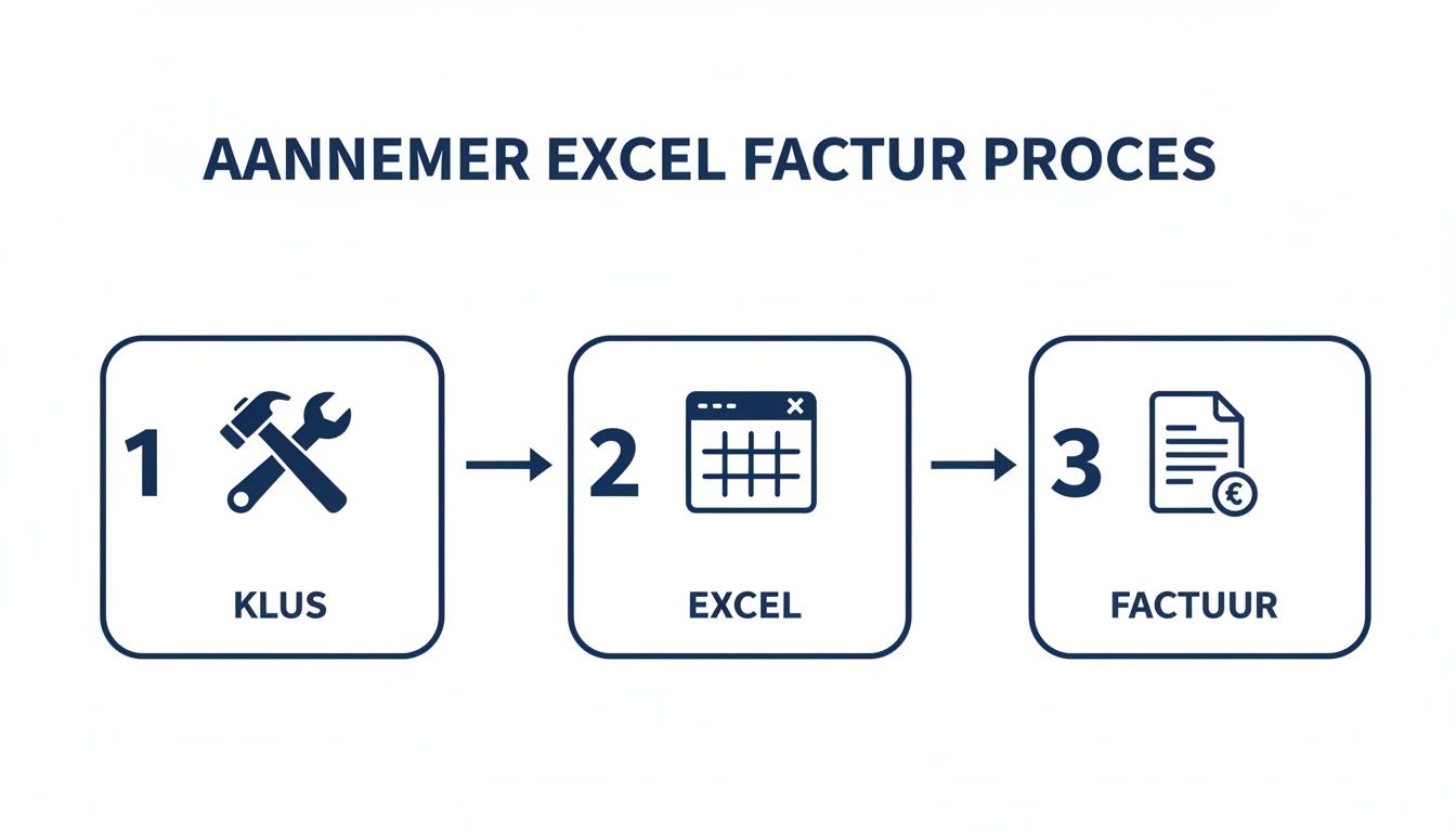 Stapsgewijs proces voor aannemers: van klus via Excel naar factuur aanmaken.
