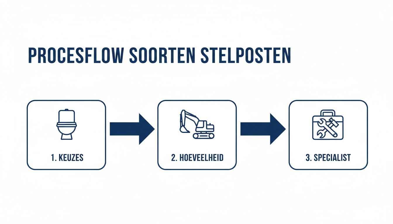 Procesflow met drie stappen voor stelposten: keuzes (toilet), hoeveelheid (graafmachine) en specialist (gereedschapskist).