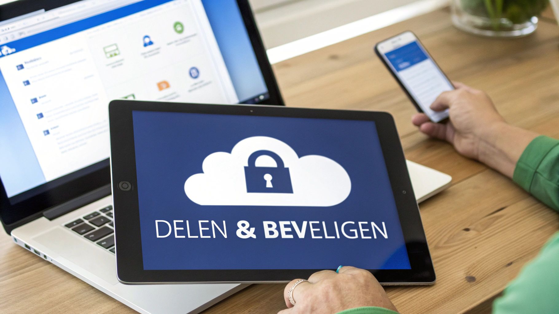 Een tablet toont een beveiligde cloud met de tekst 'DELEN & BEVEILIGEN', naast een laptop en smartphone.