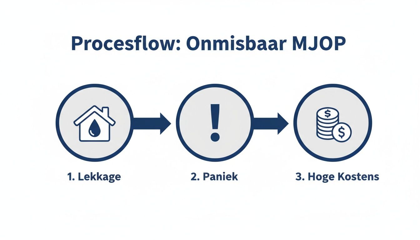 Procesflow van lekkage, paniek en hoge kosten, benadrukt de noodzaak van een MJOP.