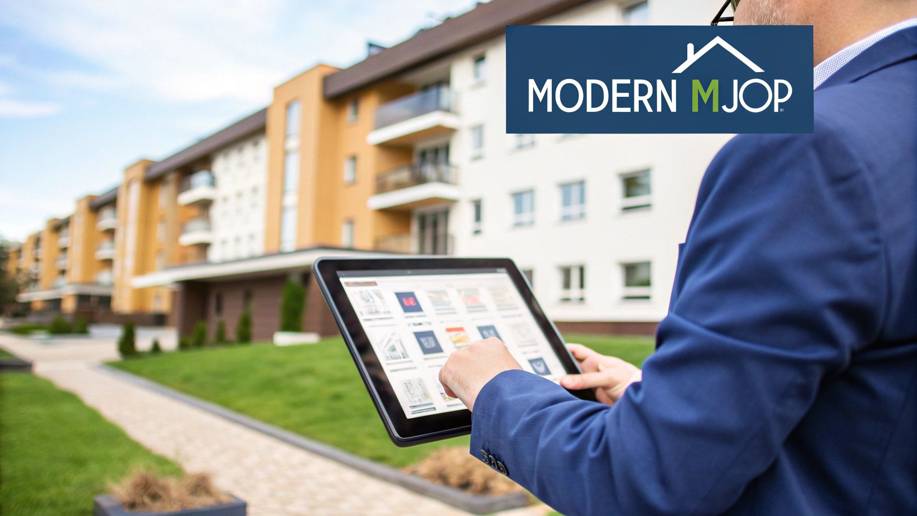 Man in pak gebruikt tablet voor beheer van moderne appartementen, met 'MODERN MJOP' logo in de rechterbovenhoek.