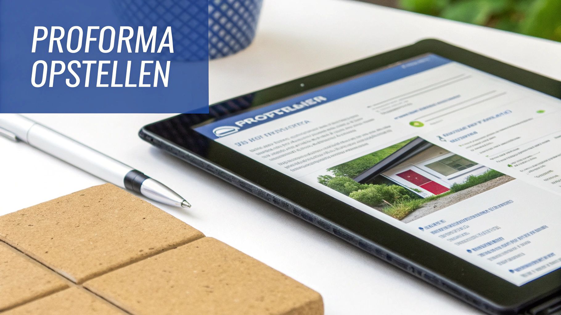 Een tablet toont een webpagina over proforma opstellen, met een pen en kurken onderzetters op een bureau.