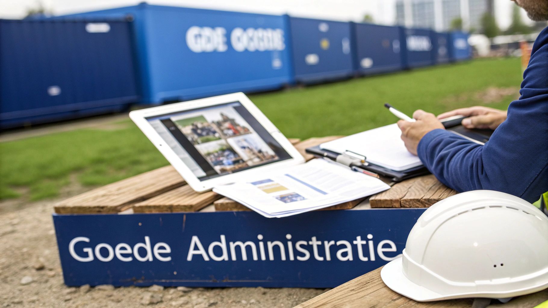 Een man werkt buiten aan een tafel met een tablet en papieren, met containers en een veiligheidshelm op de achtergrond.