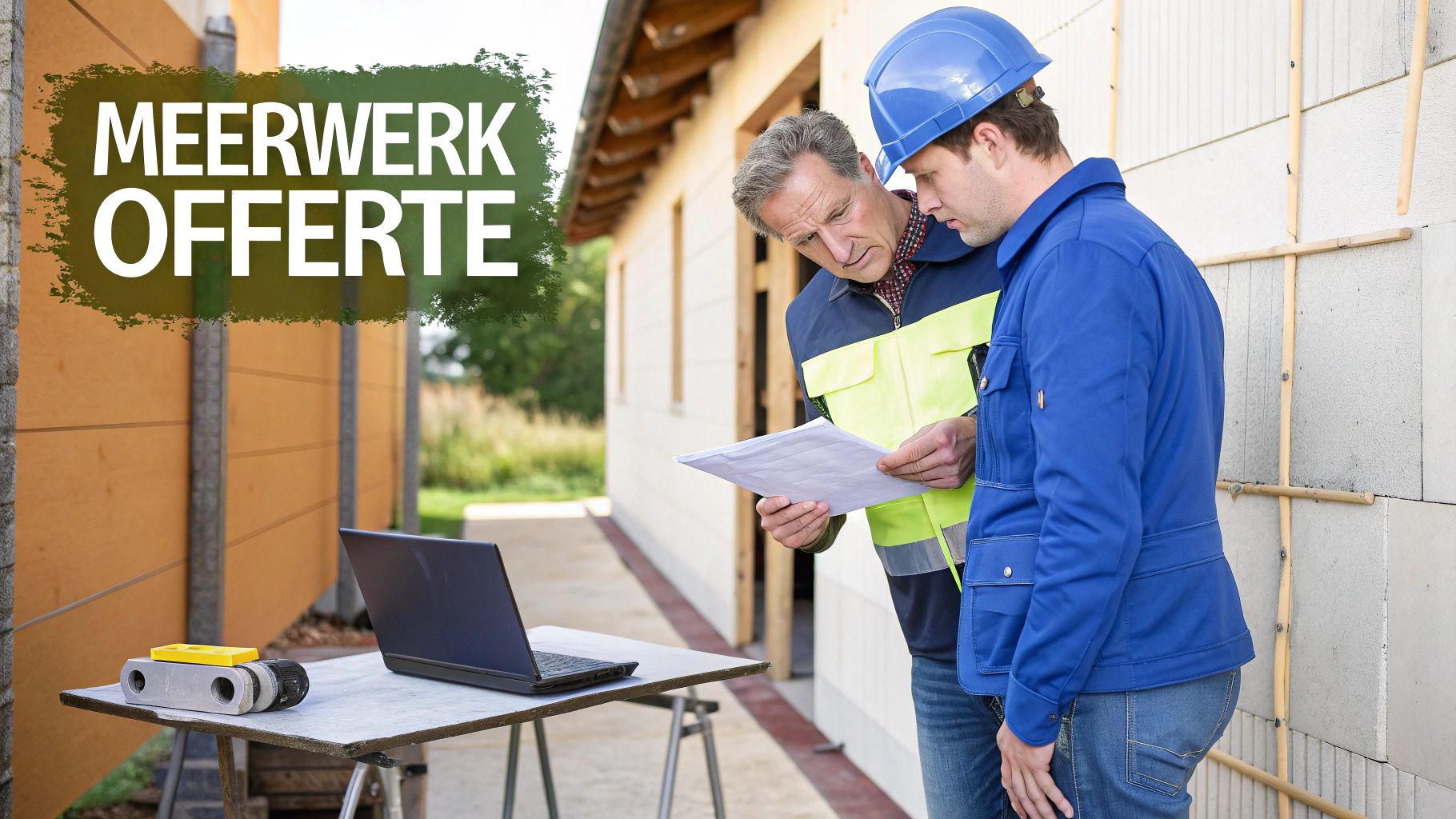 Twee bouwvakkers bespreken offerte documenten op bouwplaats met laptop en blauwdruk