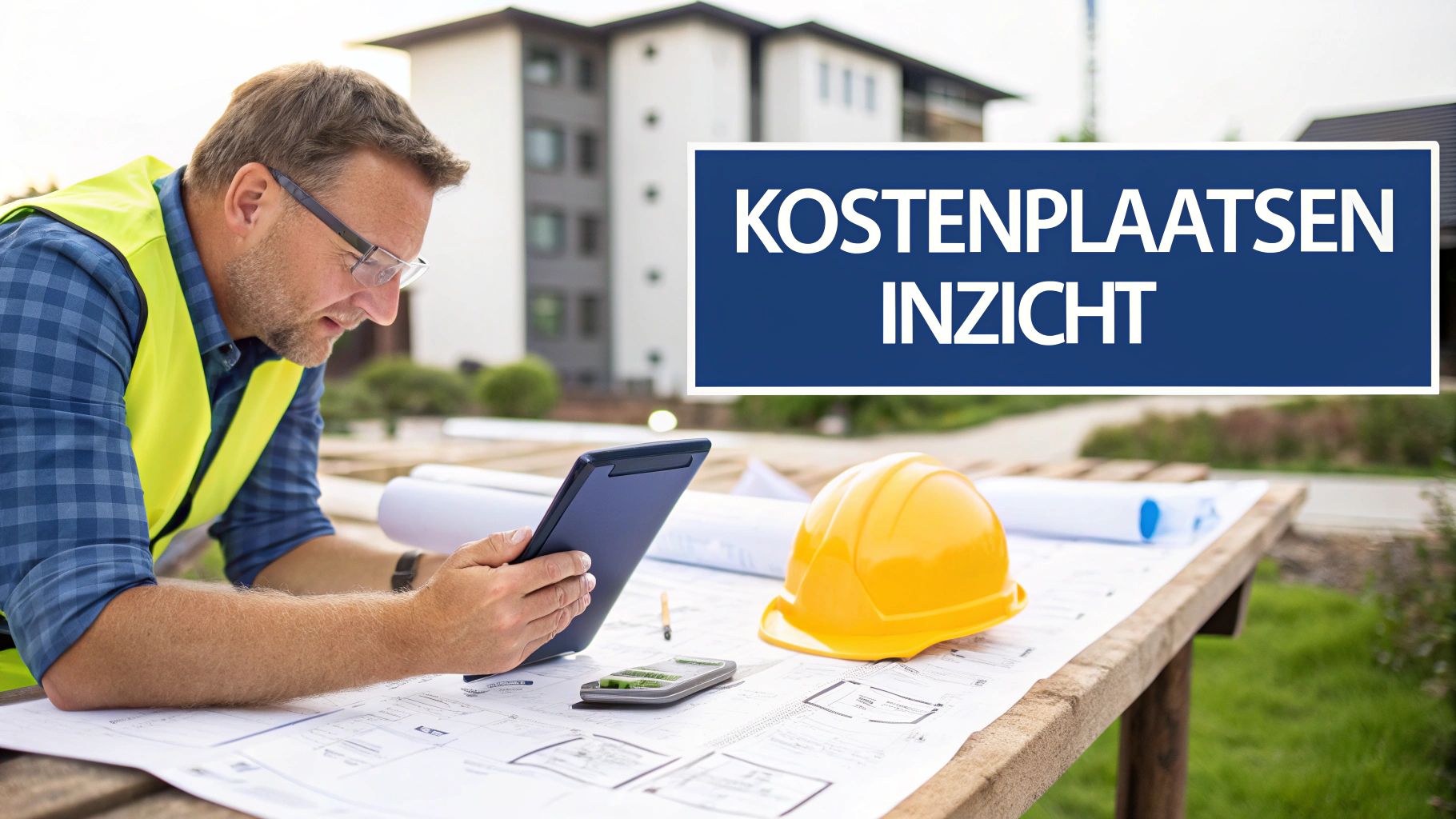 Een aannemer die plannen bekijkt op een bouwplaats