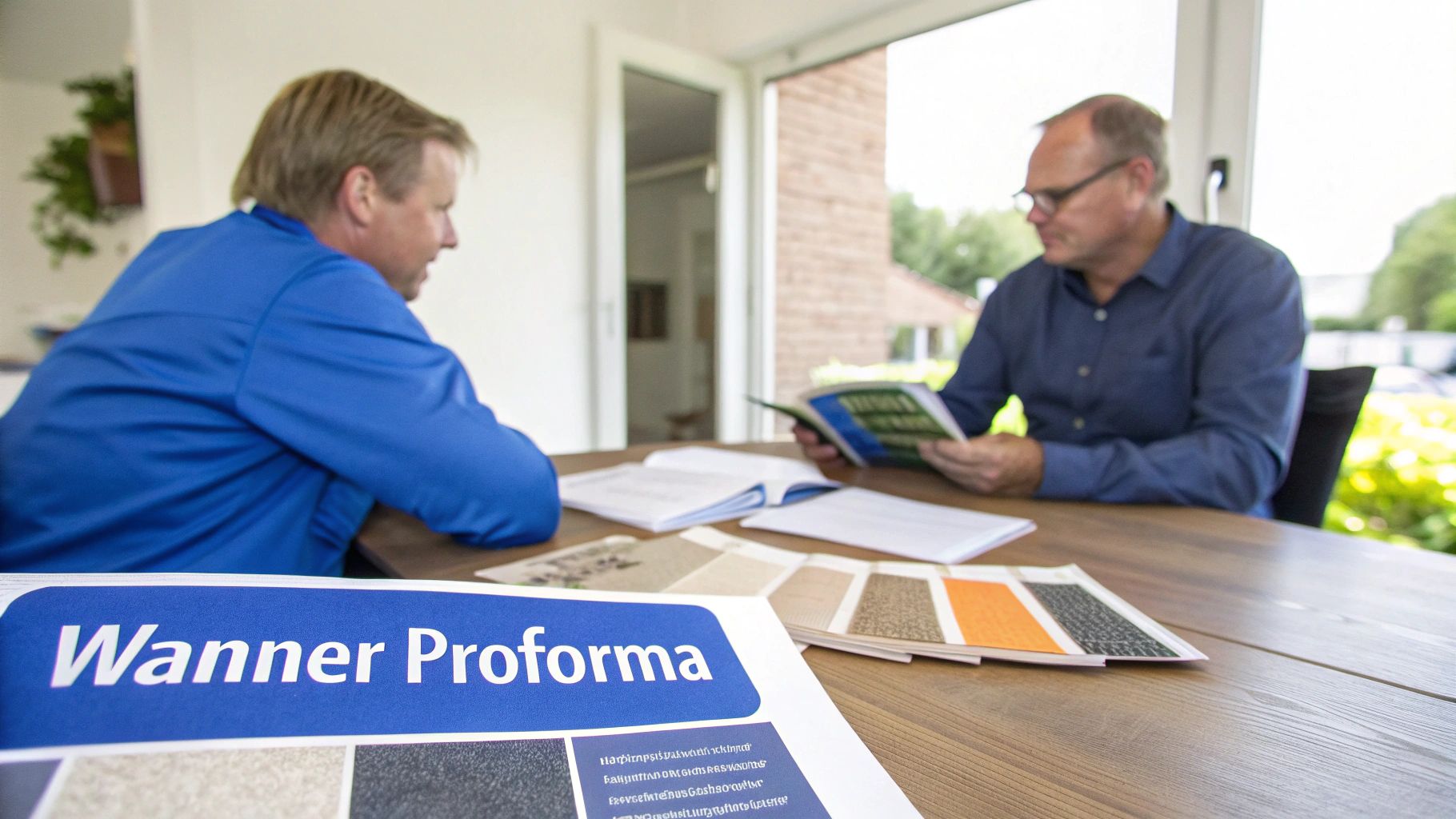 Twee mannen bespreken zakelijke documenten en productstalen van Wanner Proforma aan een tafel.