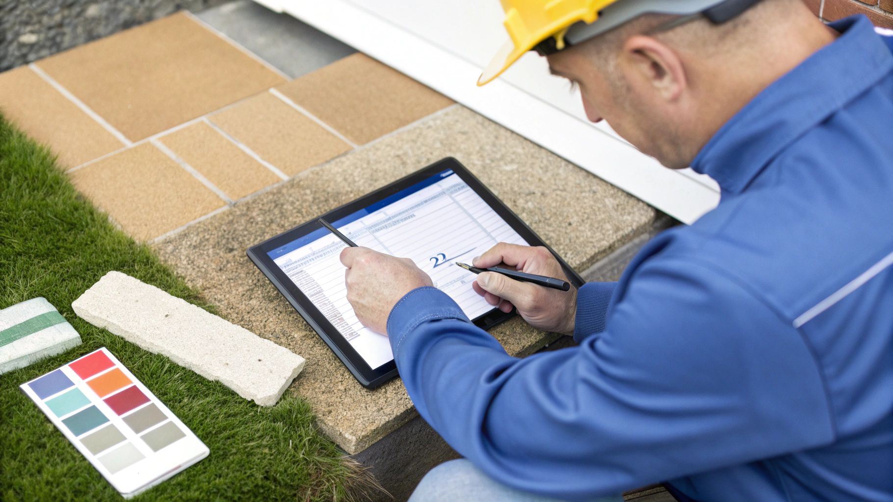 Bouwvakker met gele helm noteert met stylus op tablet bij bouwplaats, met tegels en kleurstalen op het gras.