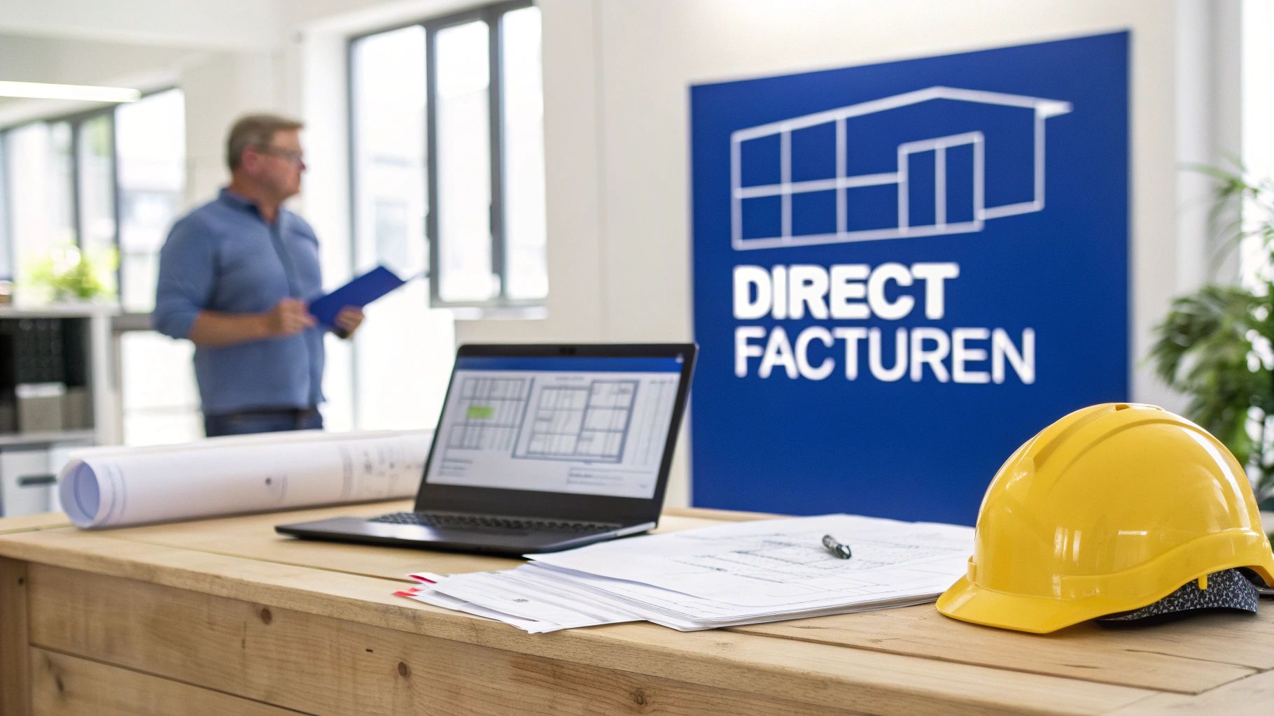 Bouwkantoor met laptop, bouwtekeningen en een gele helm op een houten bureau, met een werknemer op de achtergrond.