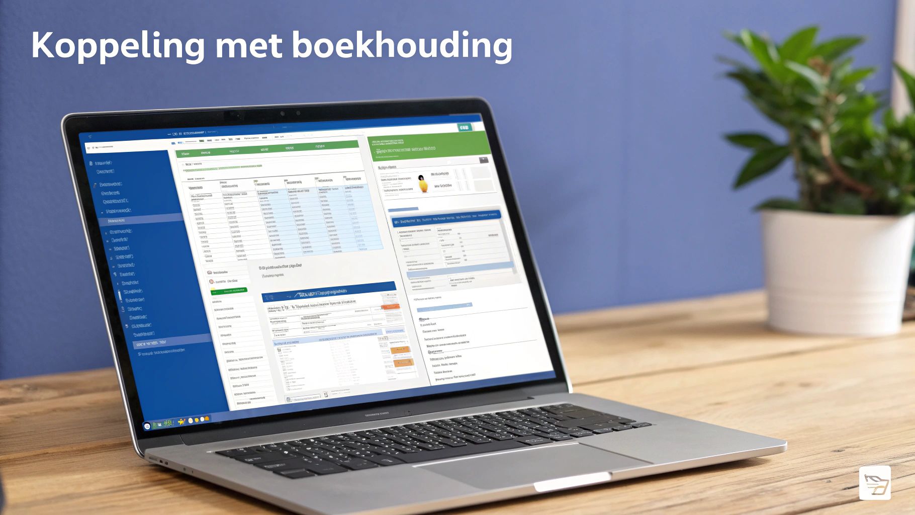 Laptop op houten bureau toont boekhoudsoftware met overzicht van gegevens en koppelingen.