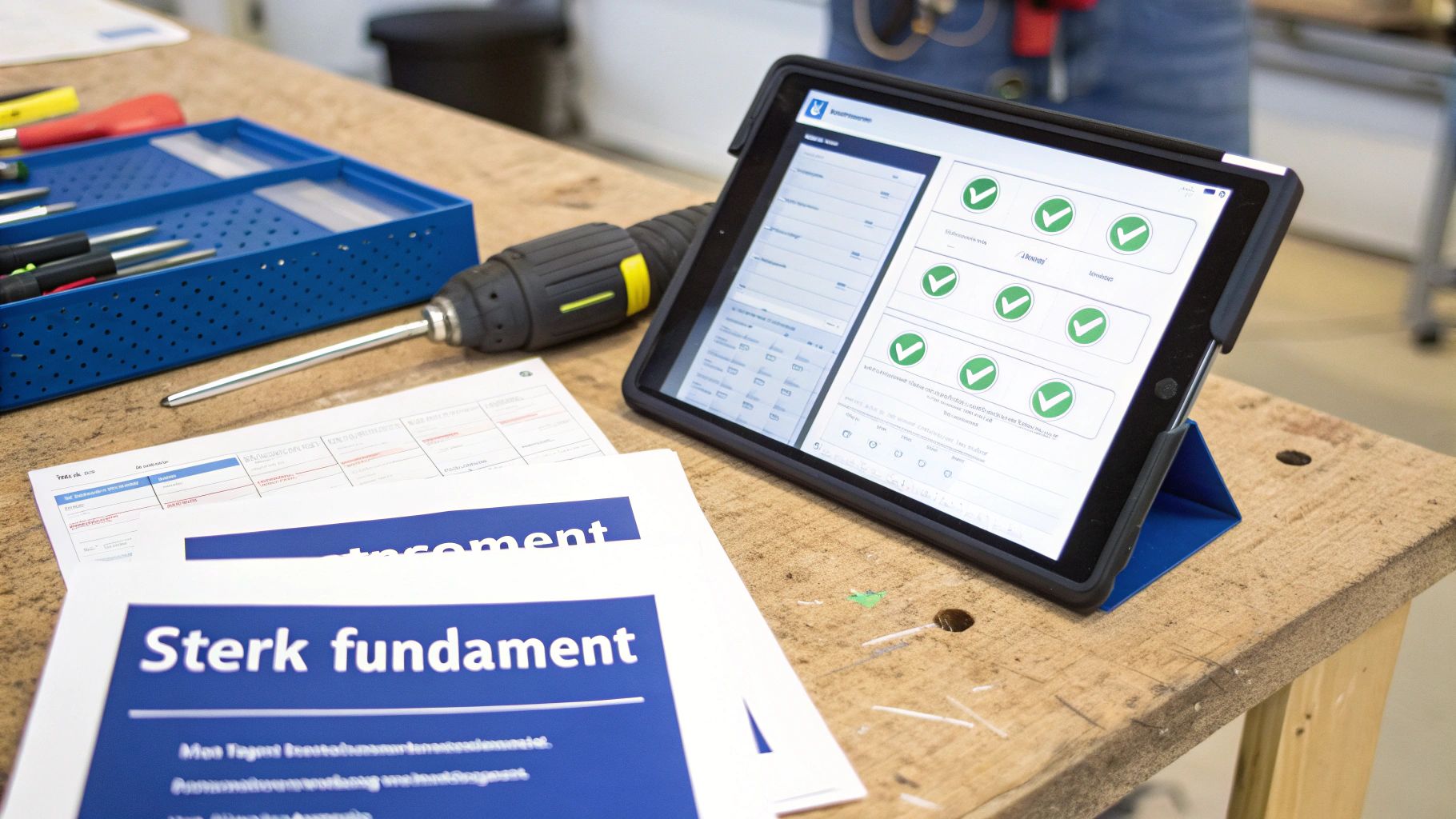 Een tablet met checklist op een houten werkbank, naast gereedschap en documenten over planning.