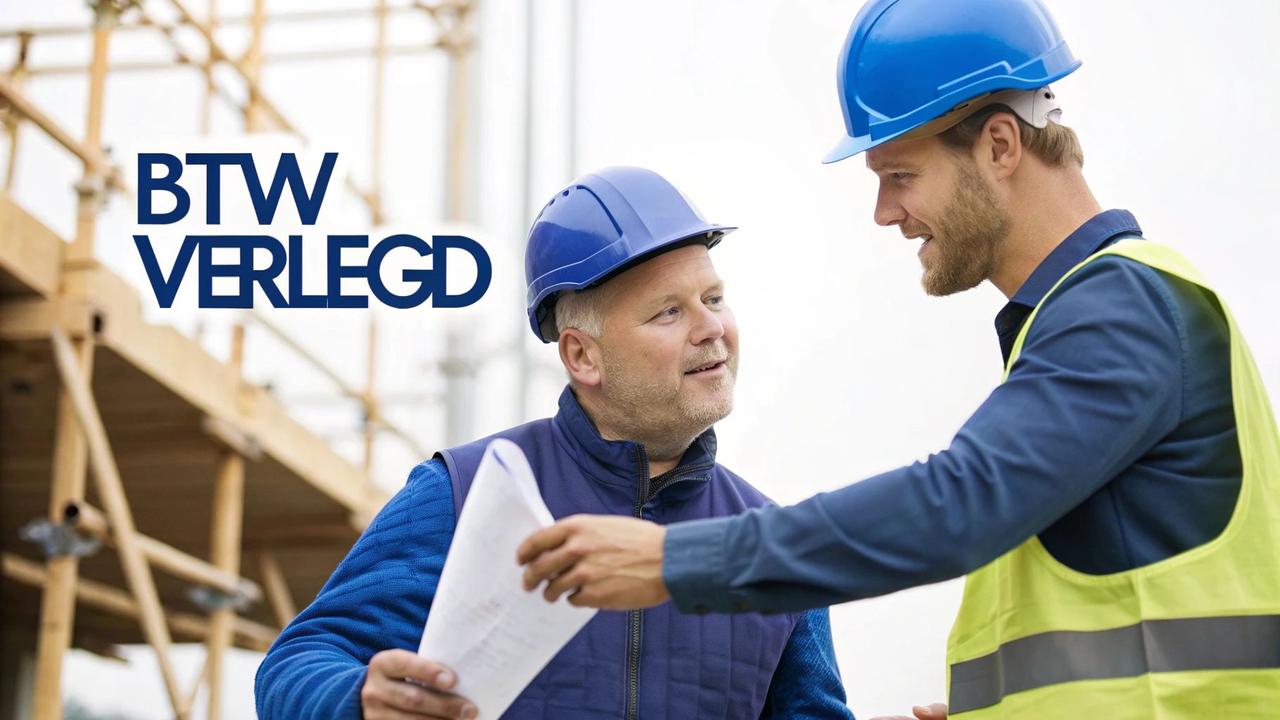 Twee bouwvakkers in veiligheidshelmen wisselen documenten uit op een bouwplaats, met tekst 'BTW VERLEGD'.