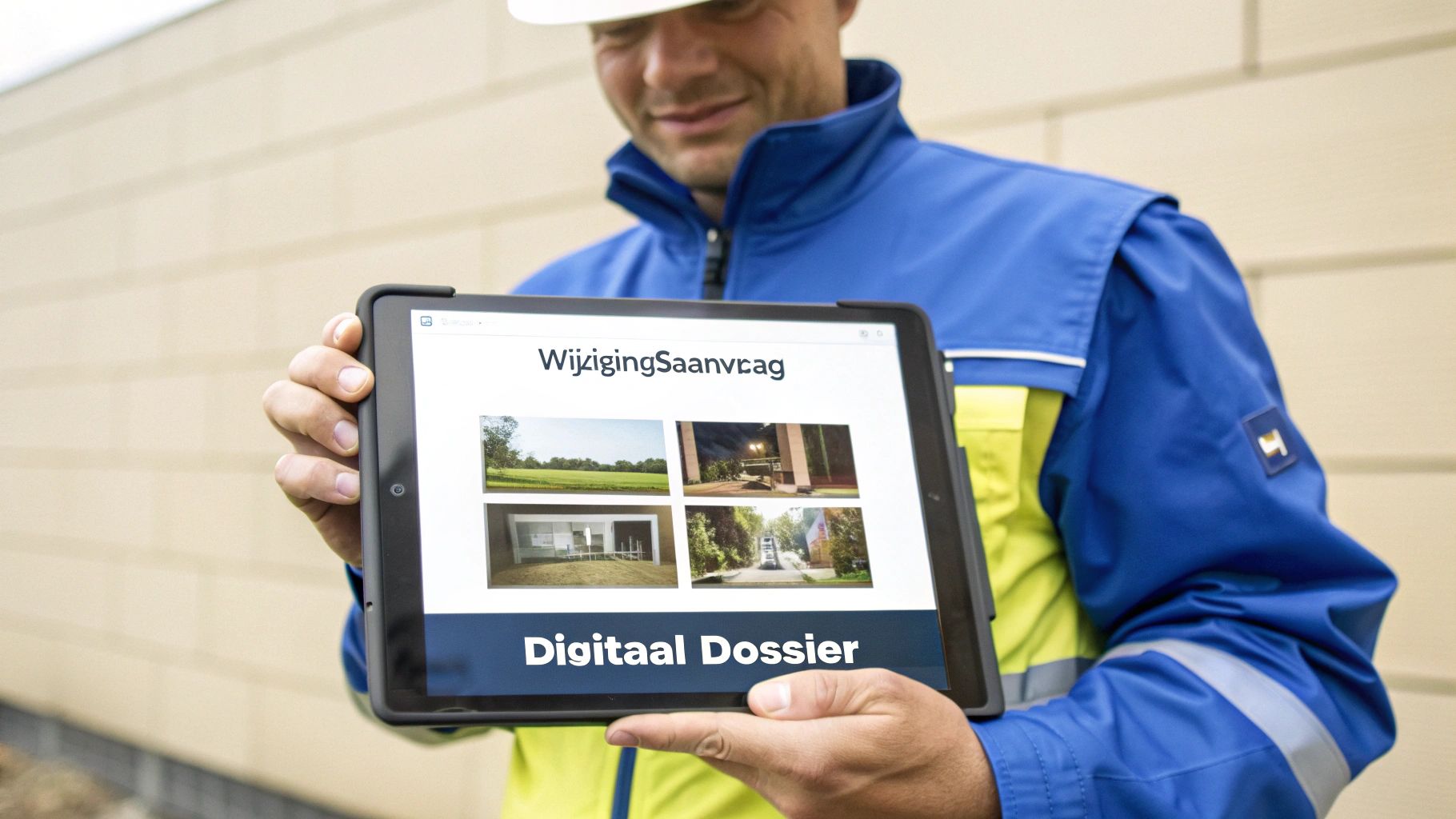 Een bouwprofessional die een tablet gebruikt om meerwerk vast te leggen op een bouwplaats.