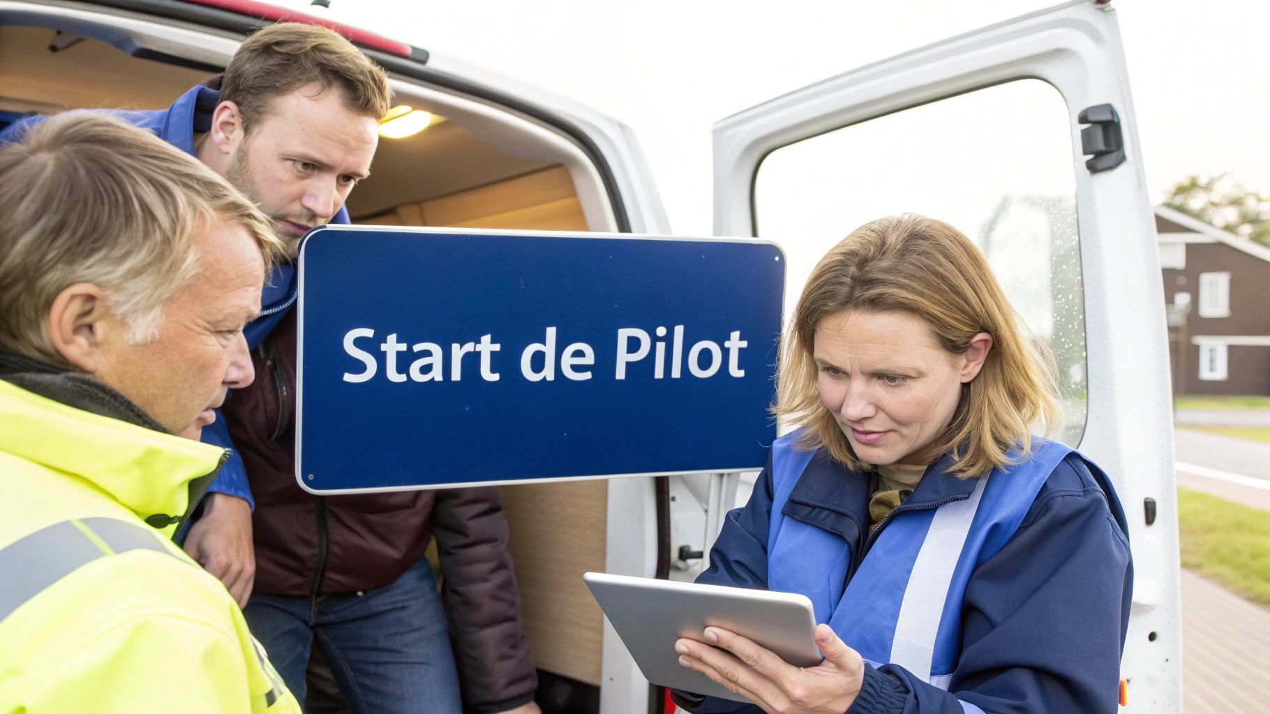 Drie collega's bekijken een bord met 'Start de Pilot' en werken met een tablet bij een busje.