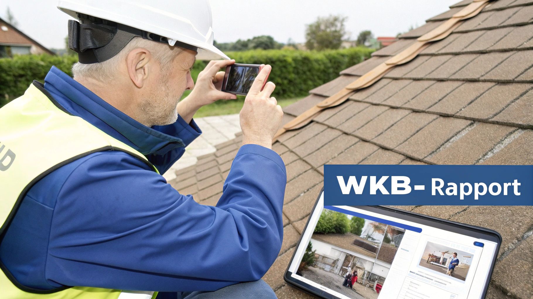 Man in helm en veiligheidsvest op dak maakt foto met smartphone voor WKB-Rapport op tablet.