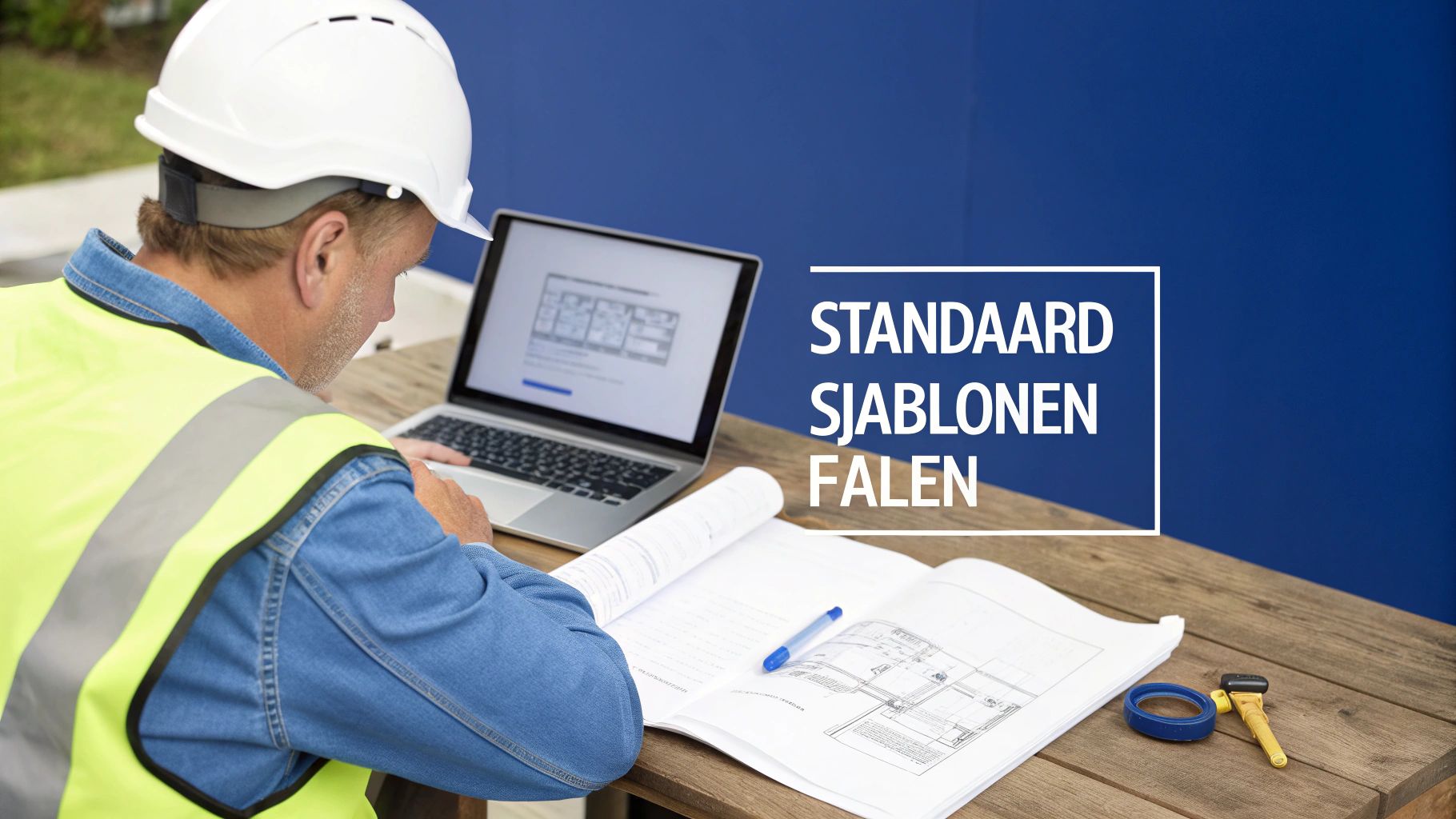 Een bouwvakker met veiligheidshelm en reflecterend vest werkt aan een laptop en bekijkt bouwtekeningen op een houten tafel.