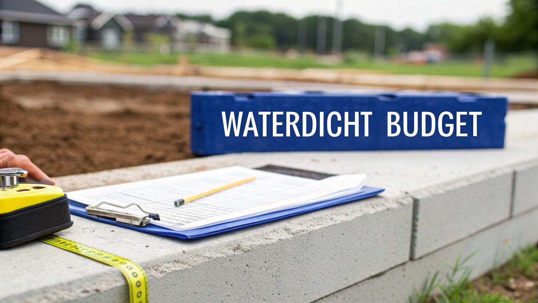 Bouwplaats met meetlint, klembord en blauwe doos 'Waterdicht Budget' voor planning.