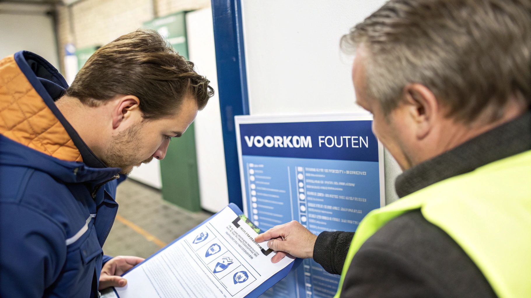 Twee mannen bespreken documenten en een bord met 'VOORKOM FOUTEN' in een professionele omgeving.