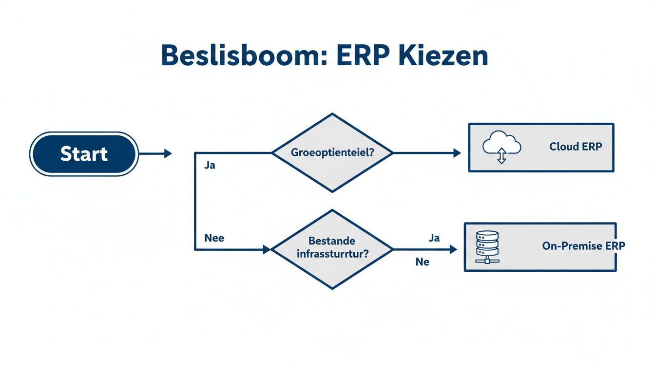 Beslisboom voor het kiezen van een ERP-systeem, met vragen over groei en bestaande infrastructuur, leidend tot Cloud of On-Premise ERP.