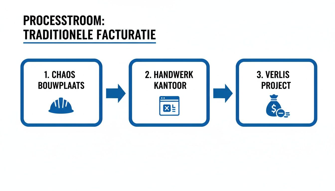 Een stroomschema dat het traditionele facturatieproces in de bouw toont, van bouwplaatschaos tot projectverlies.