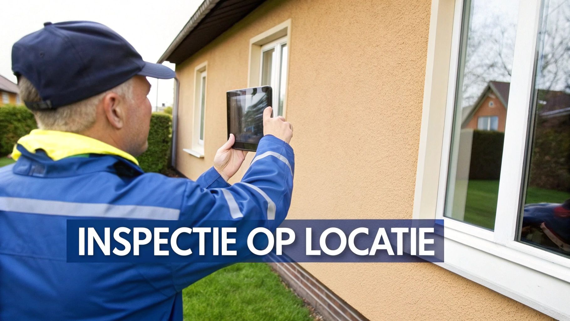 Een man in blauwe werkkleding en pet inspecteert de buitenmuur van een gebouw met een tablet.