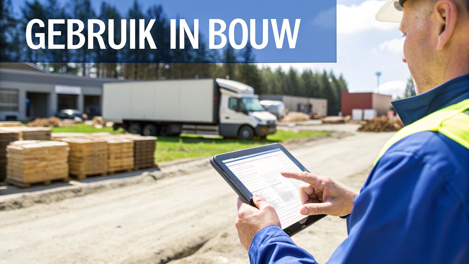 Bouwvakker in helm en veiligheidsvest bekijkt informatie op een tablet op een bouwplaats met bouwmaterialen.