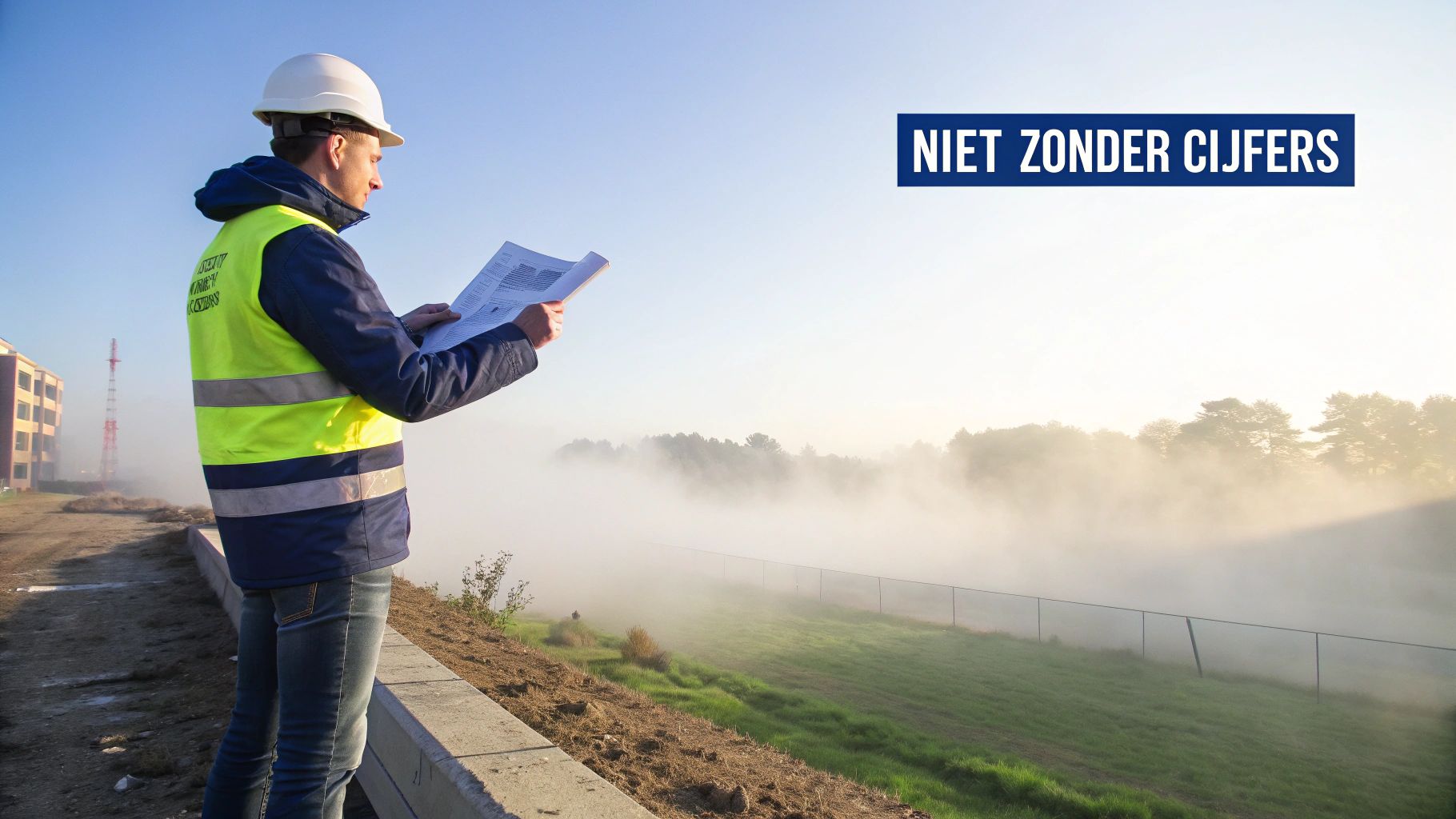 Een aannemer die geconcentreerd naar data op een laptop kijkt, met een bouwplaats op de achtergrond.