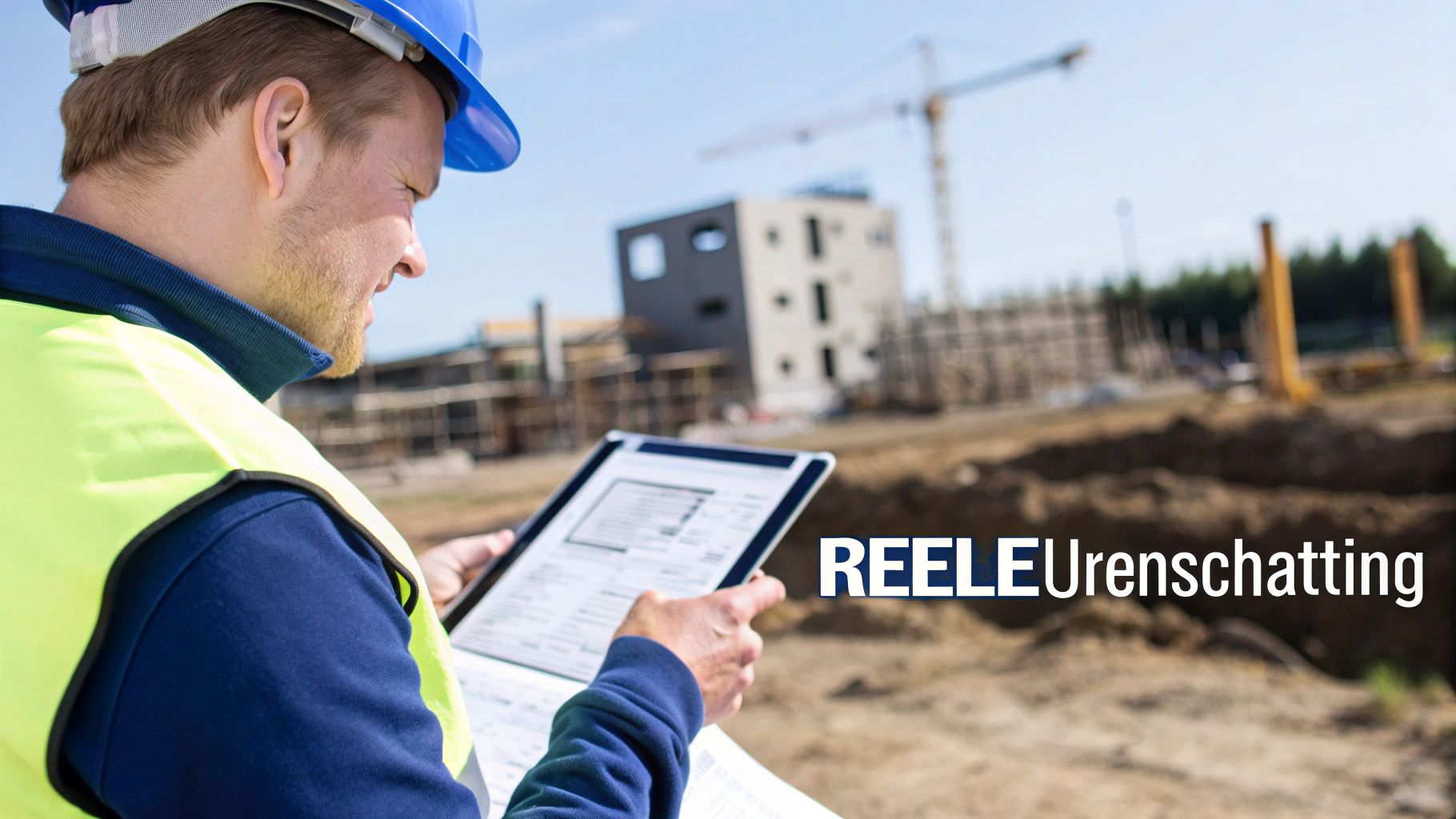 Bouwvakker in helm en veiligheidsvest bekijkt bouwplannen op tablet op een bouwplaats.