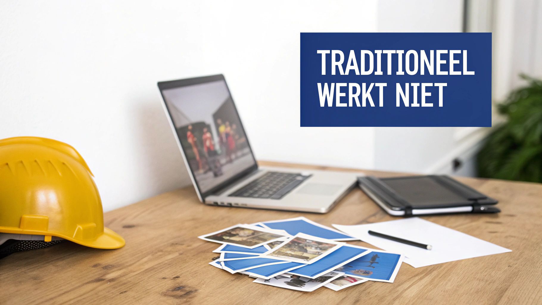 Een werkplek met gele bouwhelm, laptop en stapel foto's op een houten bureau, met de tekst 'TRADITIONEEL WERKT NIET'.