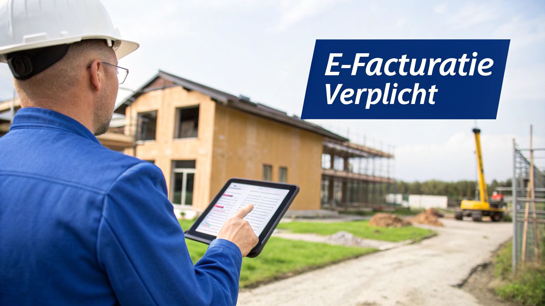 Bouwvakker met tablet controleert voortgang bij nieuwbouwproject, met tekst 'E-Facturatie Verplicht'.