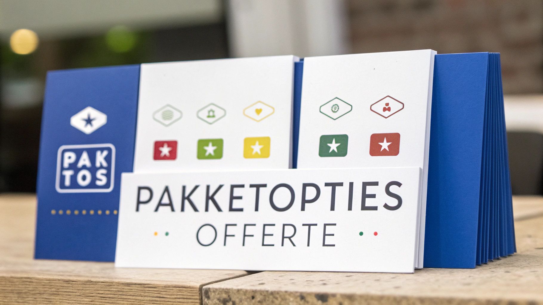 Display met ‘PAKTOS’ logo en ‘PAKKETOPTIES OFFERTE’ informatie op een houten tafel.