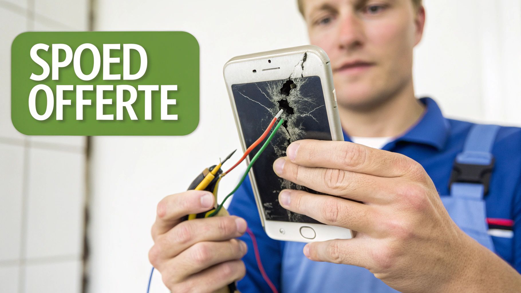 Man in werkpak repareert een kapotte smartphone met blootliggende draden, naast de tekst 'SPOED OFFERTE'.