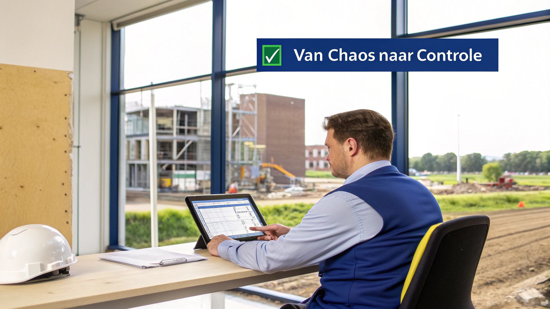 Man werkt op een tablet aan een bureau, uitkijkend over een bouwplaats, met een veiligheidshelm en documenten. Tekst: Van Chaos naar Controle.