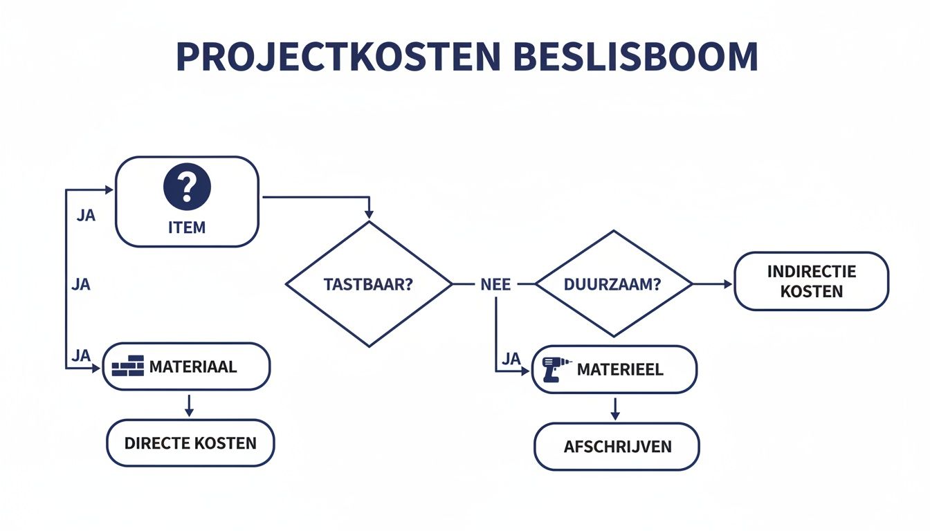 Beslisboom voor projectkosten, waarin items worden ingedeeld als materiaal, materieel of indirecte kosten.