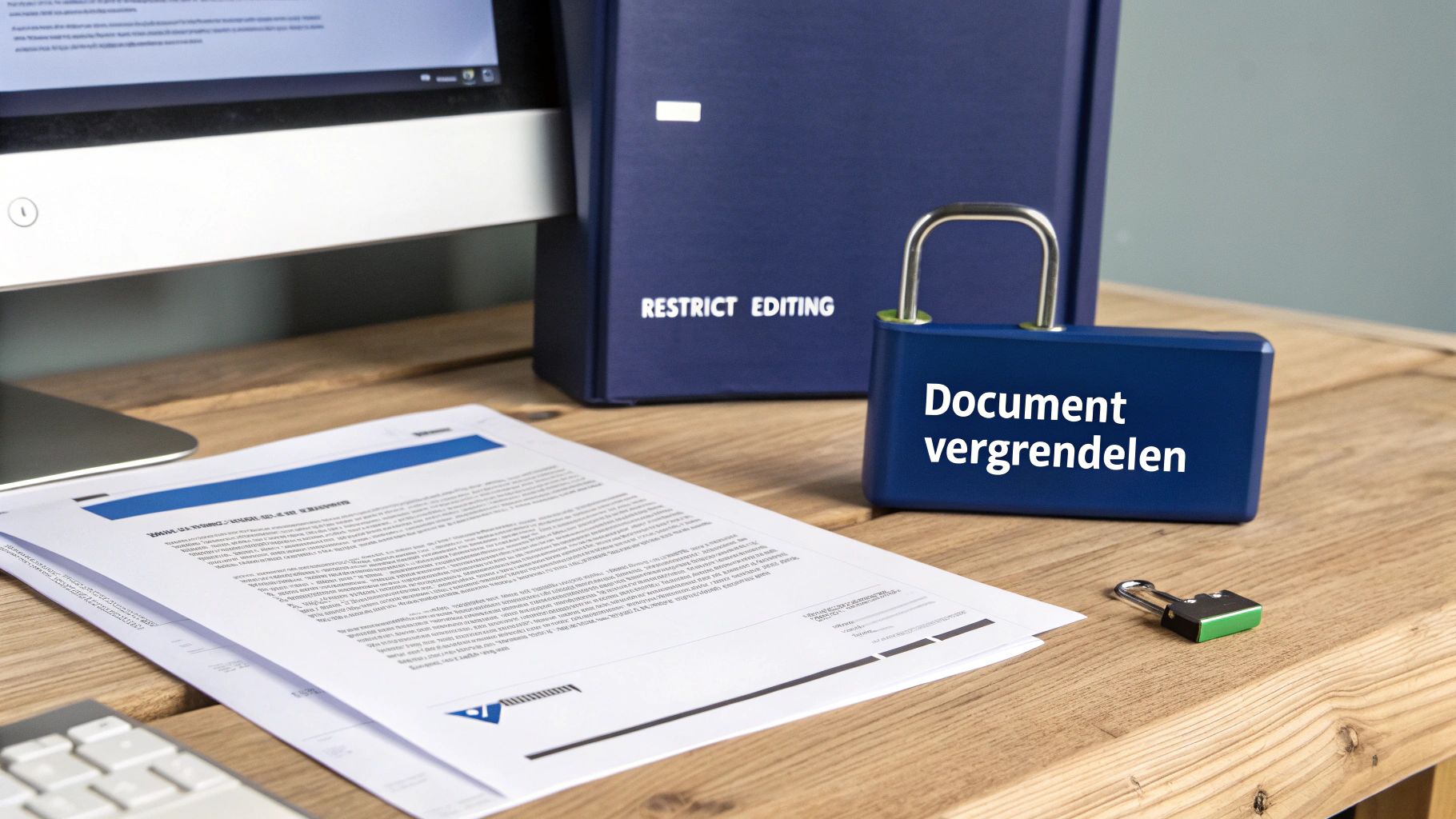 Bureau met computer, documenten, een blauwe doos 'Restrict Editing' en een slot 'Document vergrendelen', symboliseert documentbeveiliging.