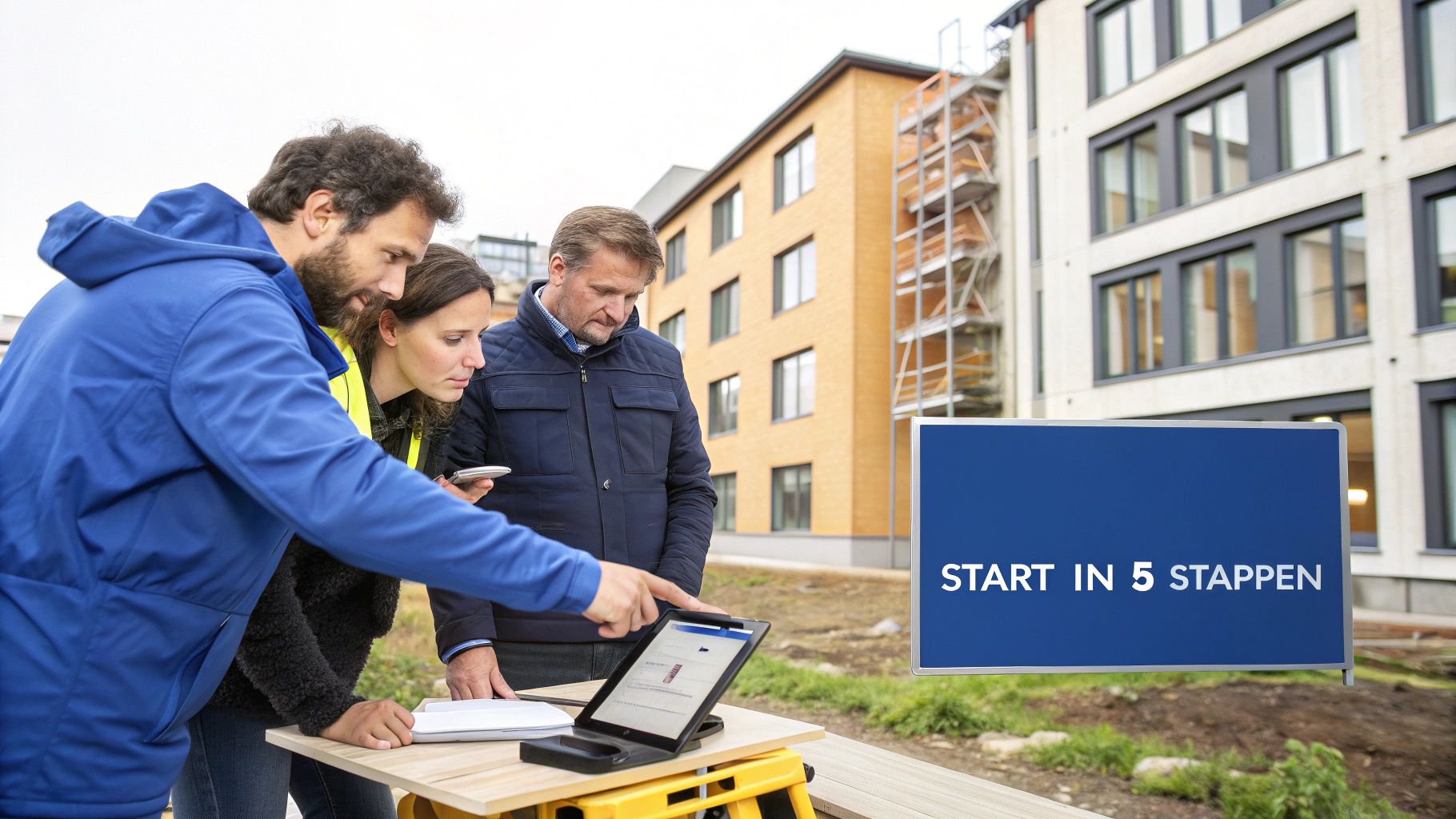 Drie bouwprofessionals bespreken projectplannen op een bouwplaats met behulp van een tablet, met gebouwen en een informatief bord.
