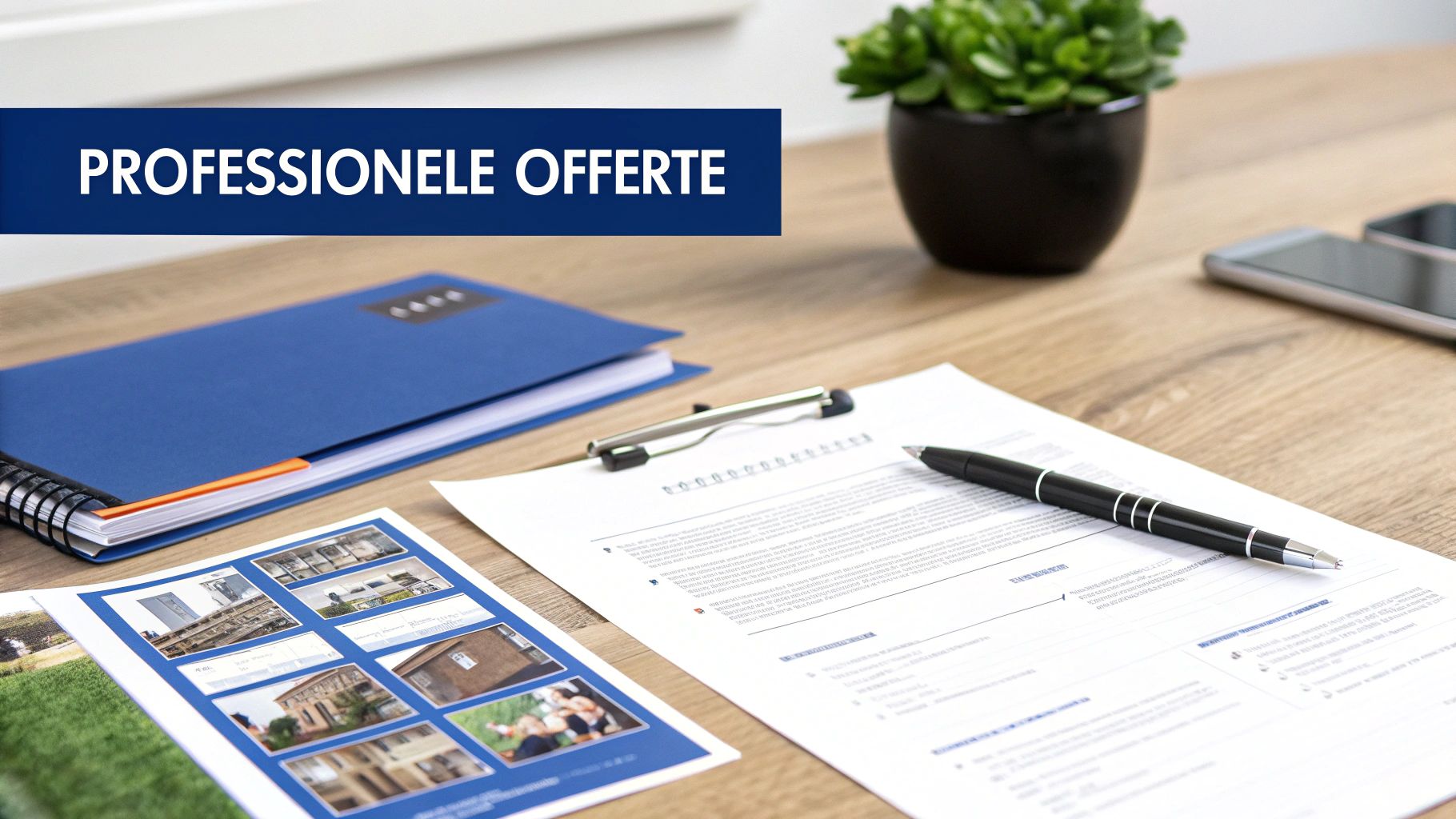 Bureaublad met zakelijke documenten, een blauwe map, pen en een banner met 'Professionele Offerte'.