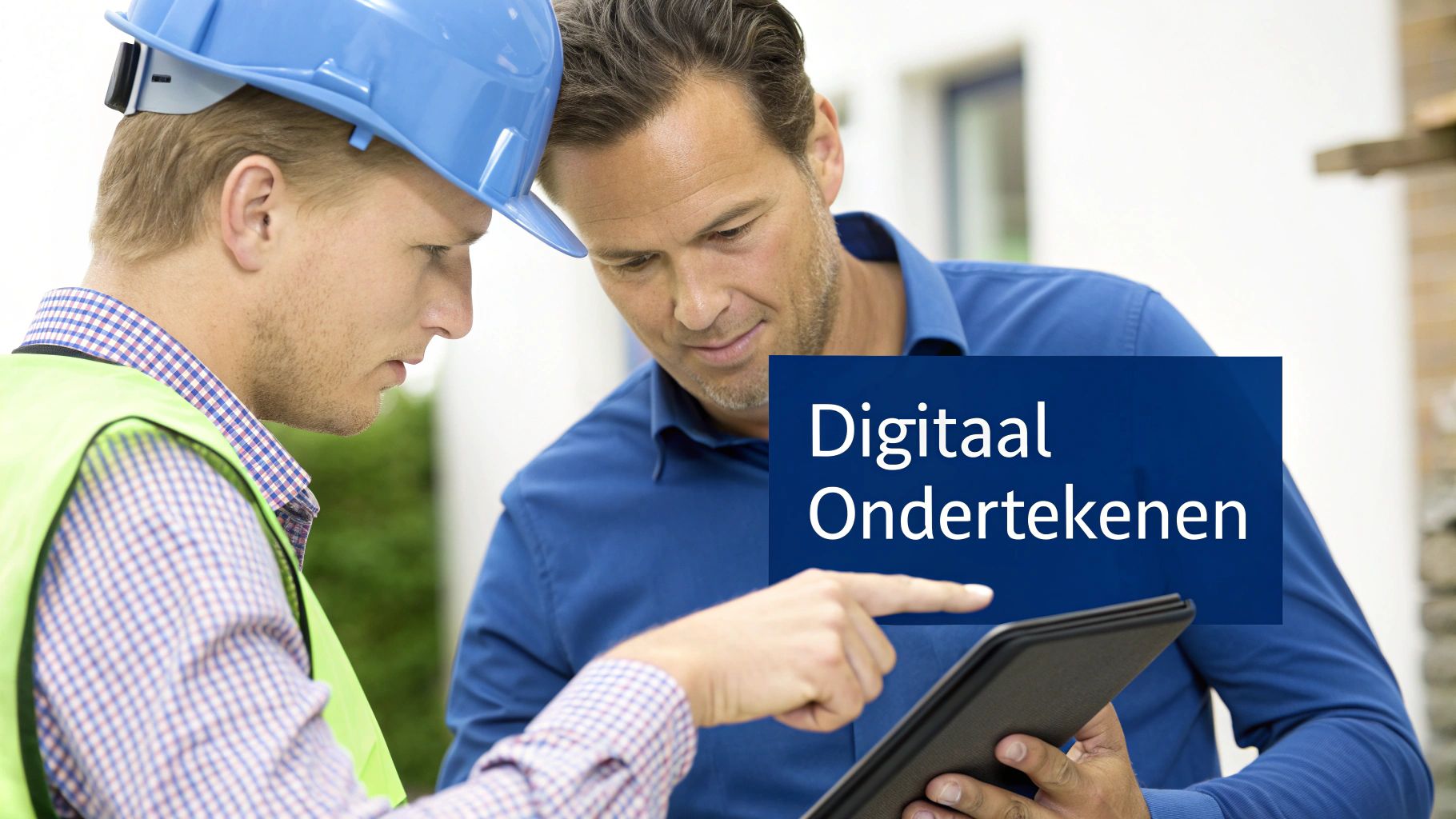 Twee mannen, een bouwvakker en een klant, bespreken digitaal ondertekenen op een tablet.