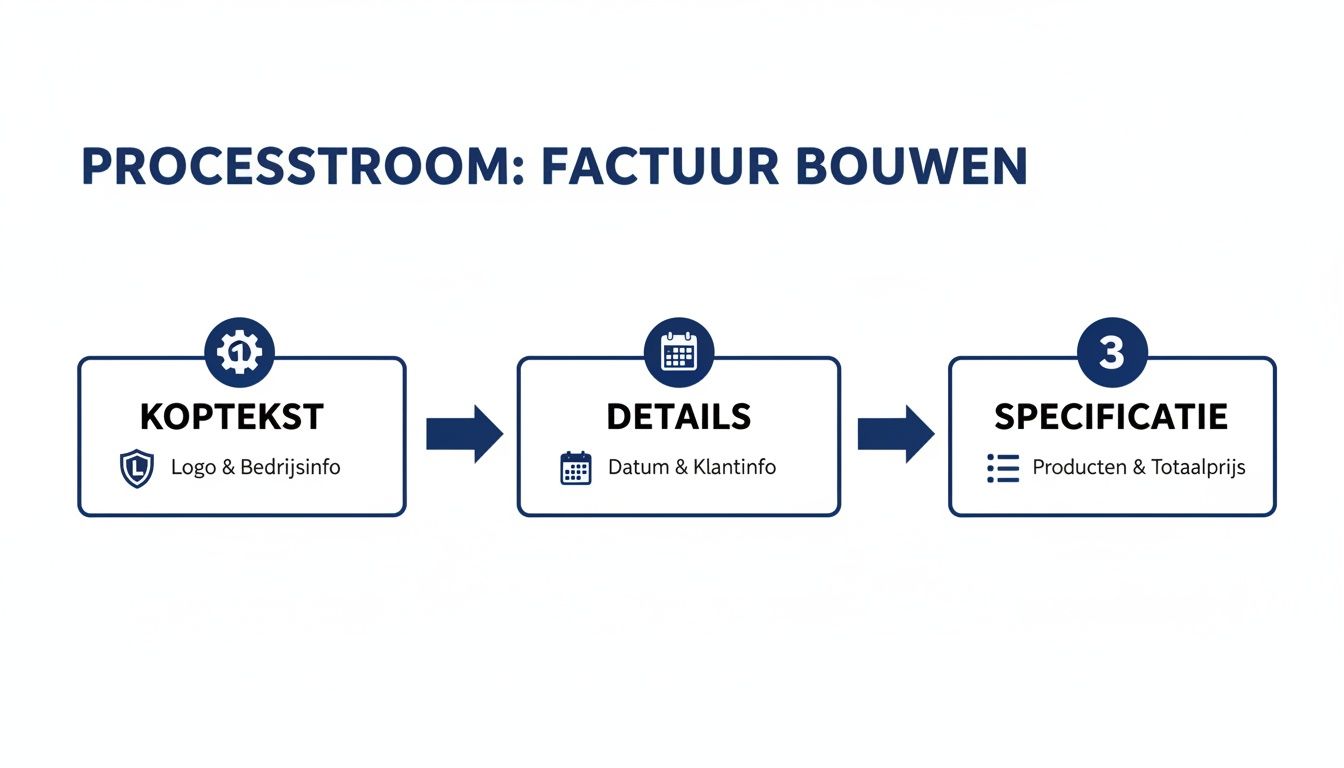 Stapsgewijze processtroom voor het opbouwen van een factuur, inclusief koptekst, details en specificatie.