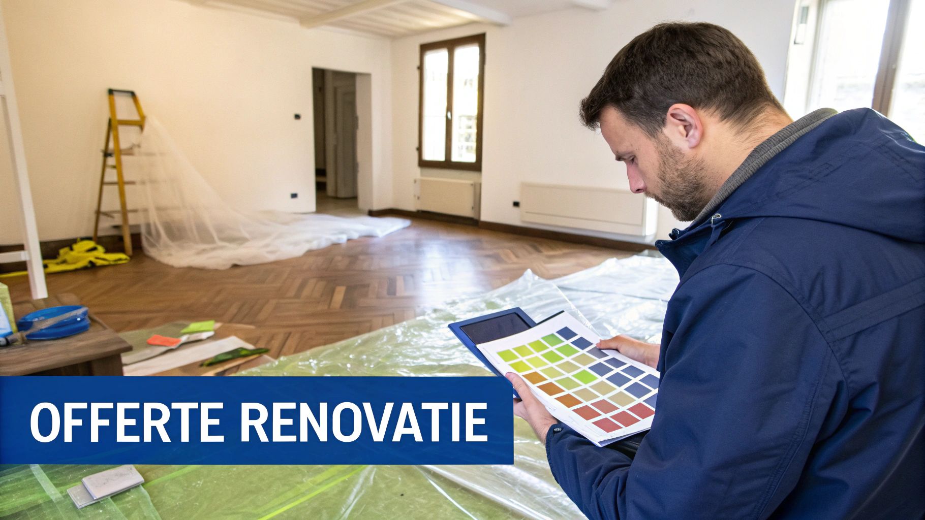 Aannemer bekijkt kleurenstalen en maakt een renovatie offerte in een te verbouwen ruimte