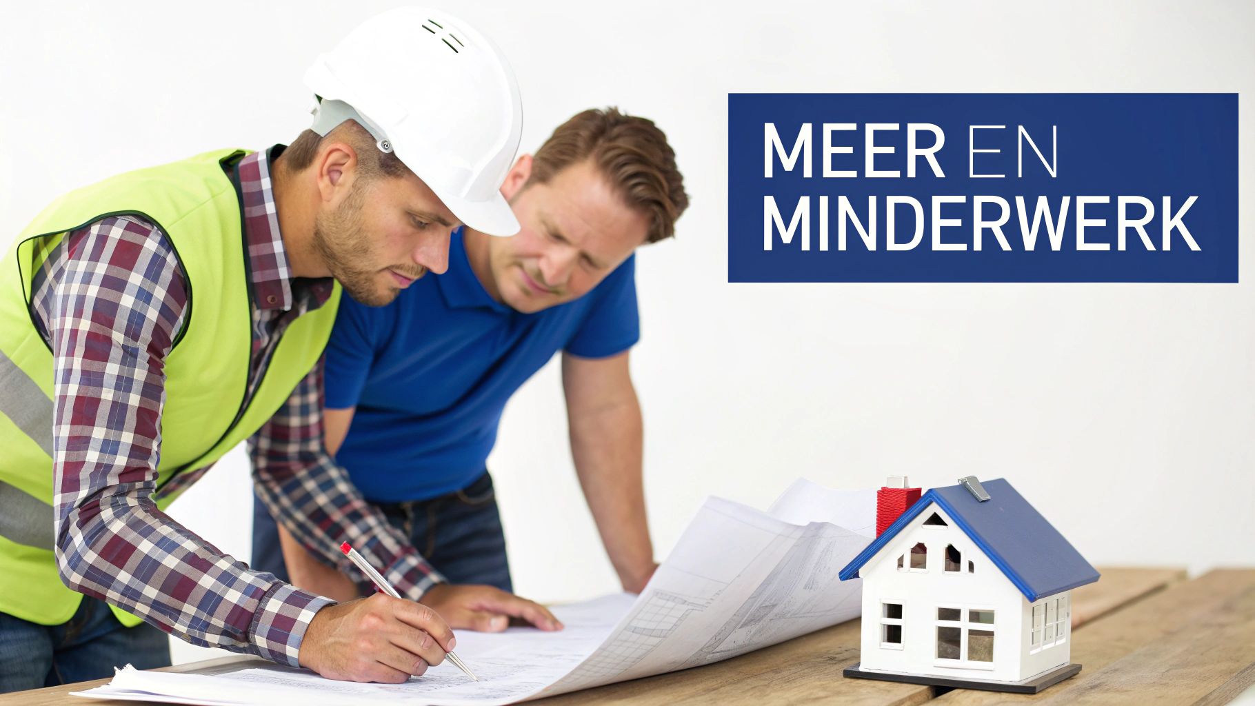 Een aannemer en een klant die over een bouwplan buigen in een huis in aanbouw
