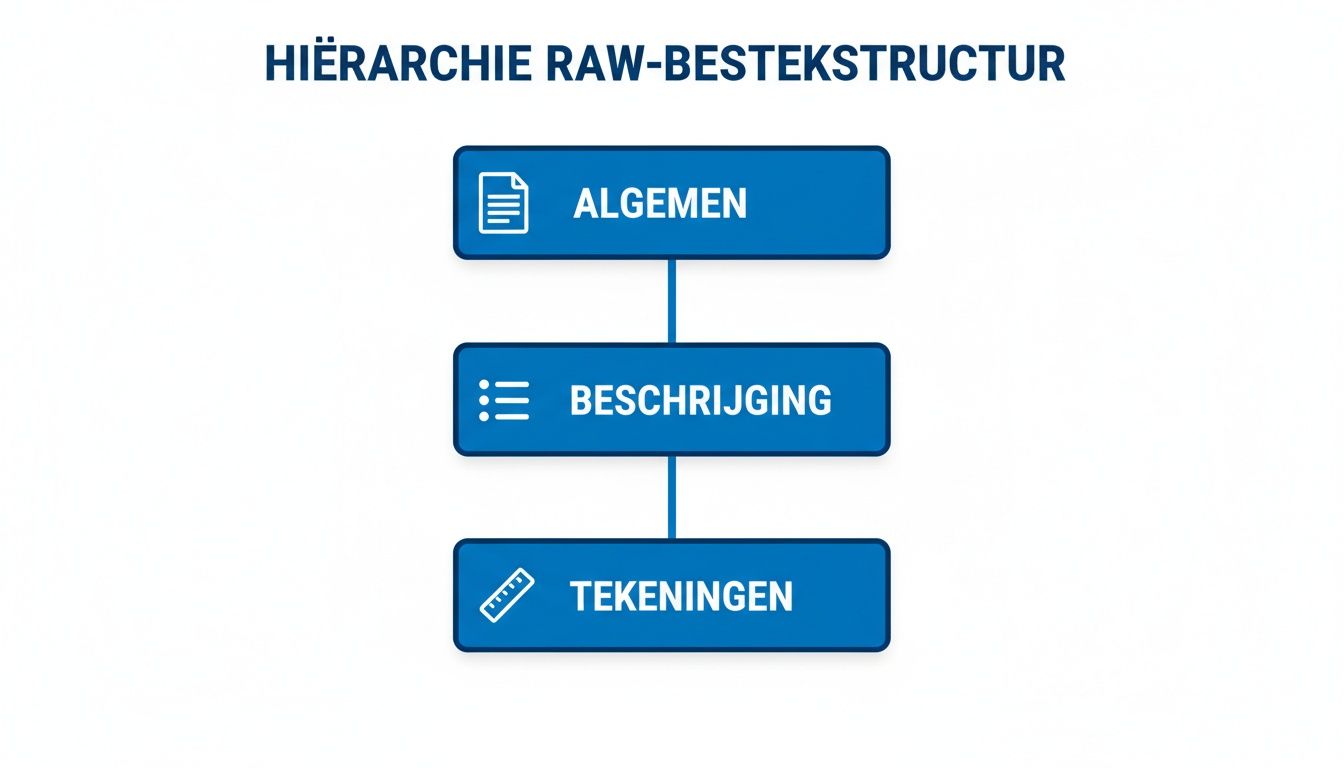 Schematische weergave van de hiërarchie van een RAW-bestekstructuur met Algemeen, Beschrijving en Tekeningen.