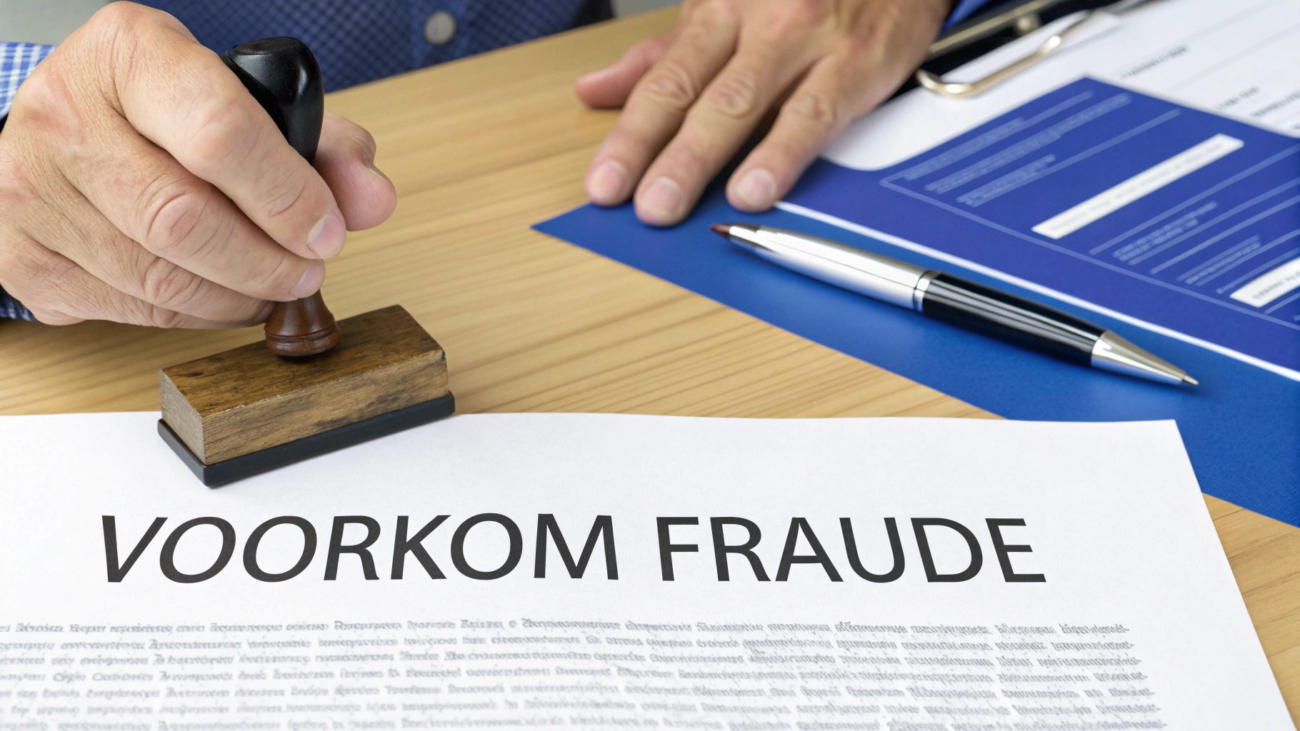 Een hand houdt een houten stempel boven een document met de tekst "VOORKOM FRAUDE". Een pen en blauwe papieren liggen op tafel.