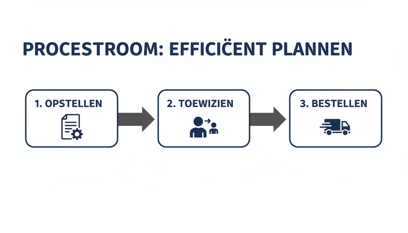 Visualisatie van de processtroom voor efficiënt plannen, bestaande uit de stappen: opstellen, toewijzen en bestellen.