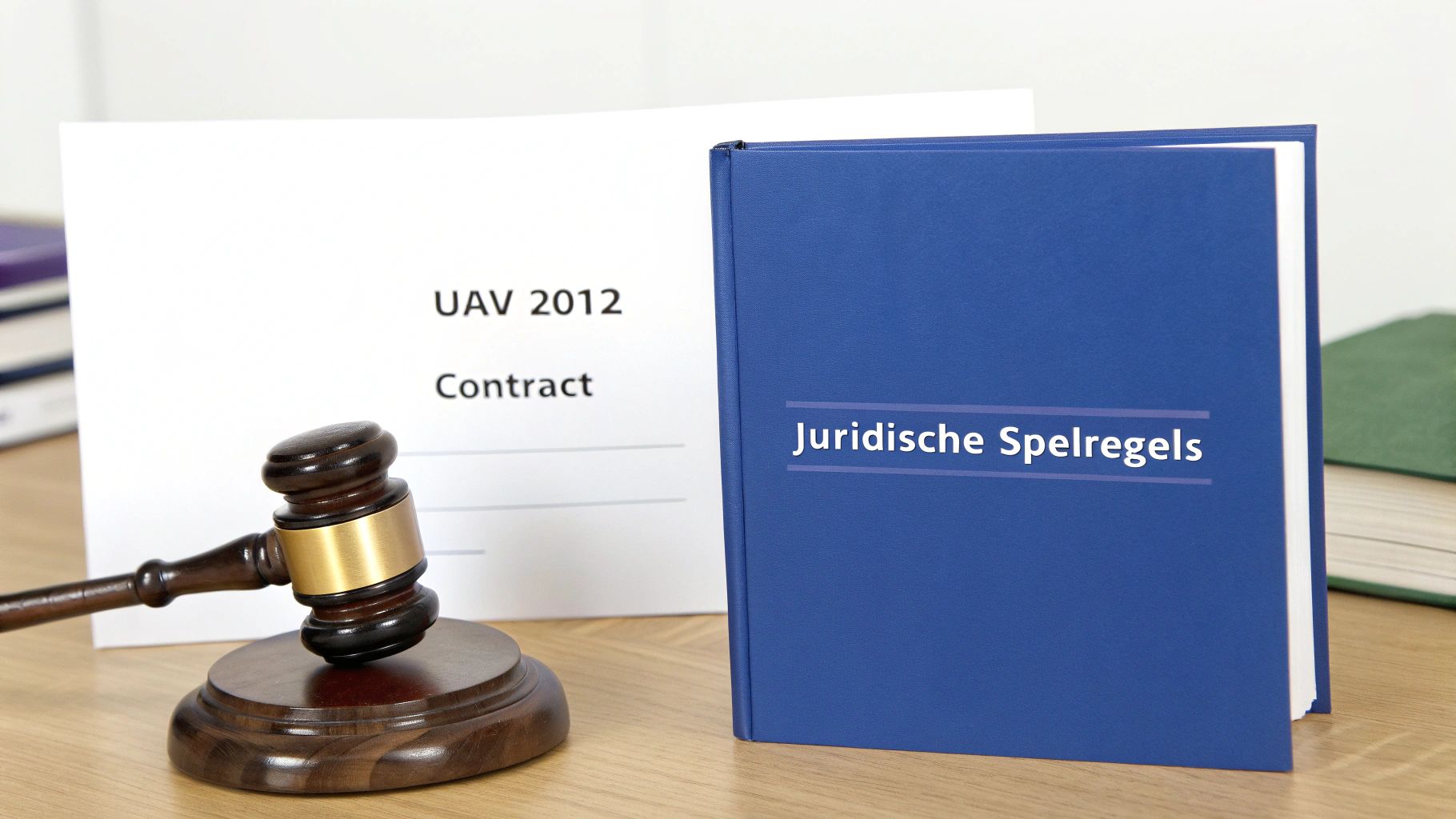 Een houten hamer met goud accent, een document 'UAV 2012 Contract' en een blauw boek 'Juridische Spelregels' op een tafel.