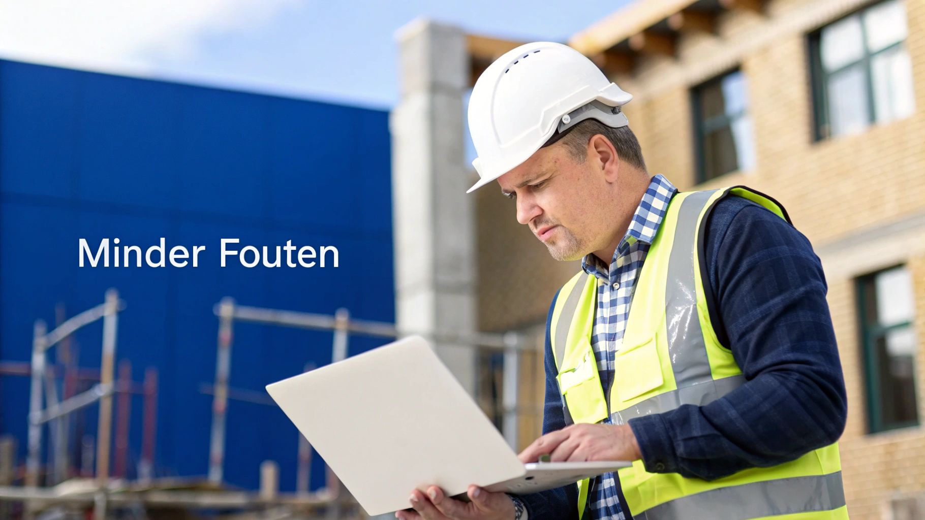 Een tevreden aannemer controleert de winstgevendheid van een project op zijn laptop, wat de financiële voordelen van efficiënte calculatiesoftware illustreert.