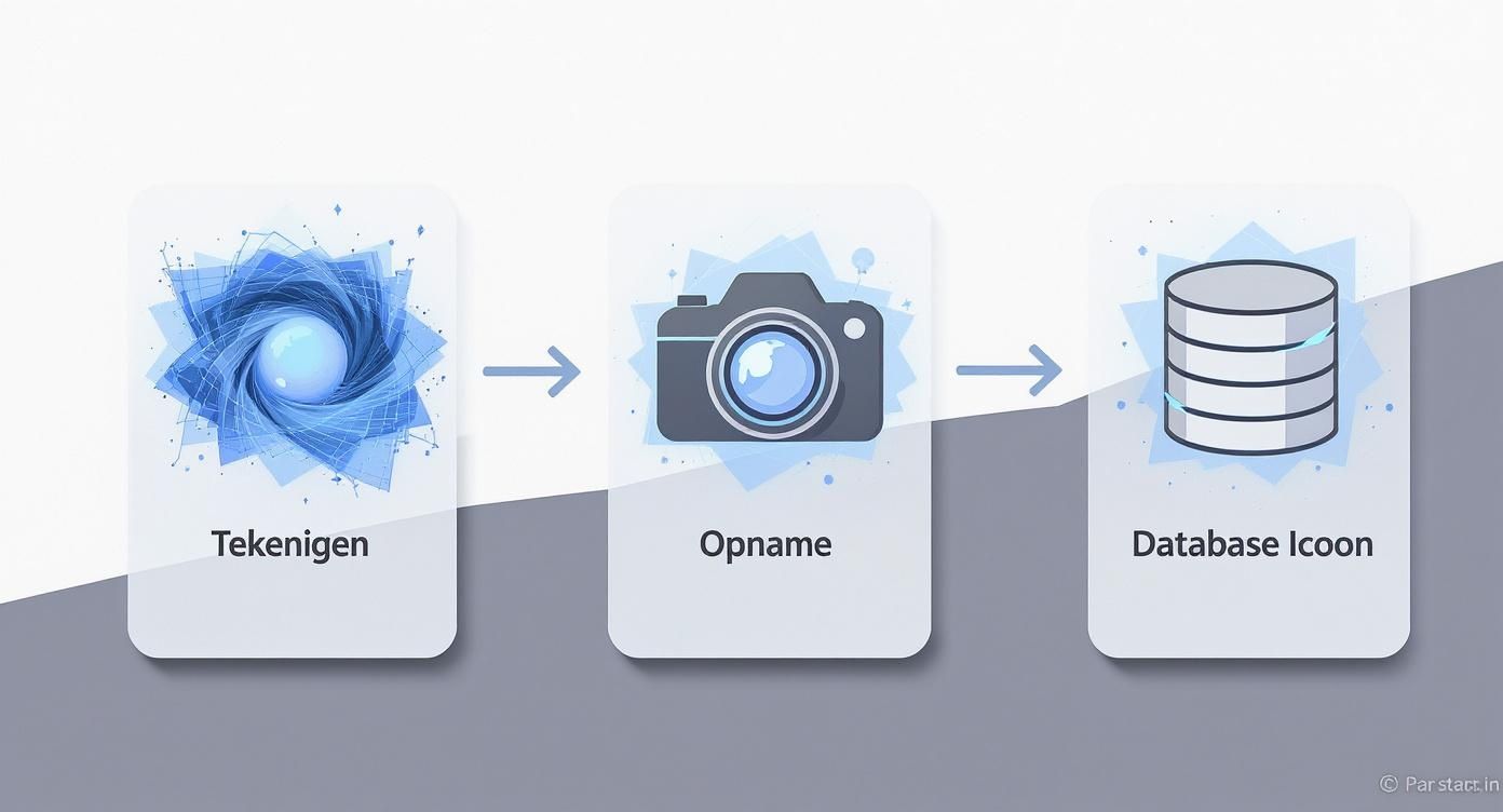 Illustratie van een proces: van digitale tekeningen via een camera-opname naar opslag in een database.
