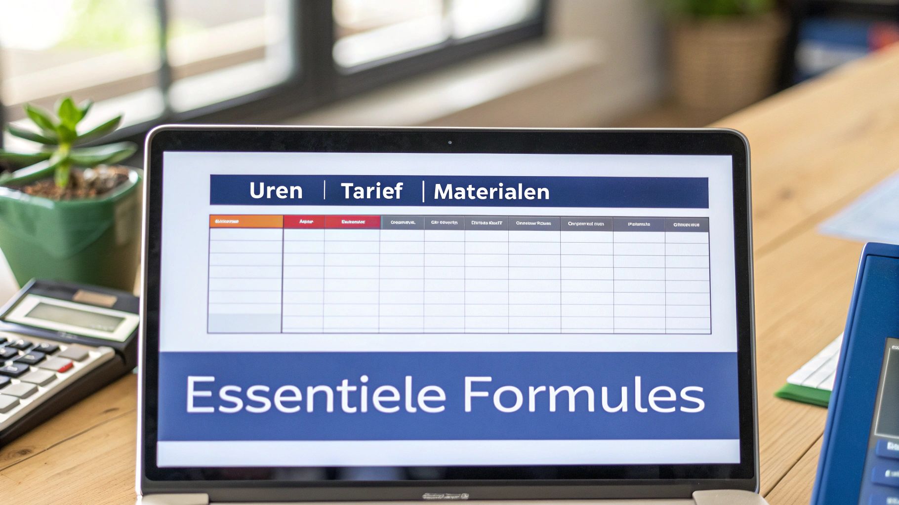 Laptop op tafel toont een spreadsheet met secties voor uren, tarief en materialen, en essentiële formules.